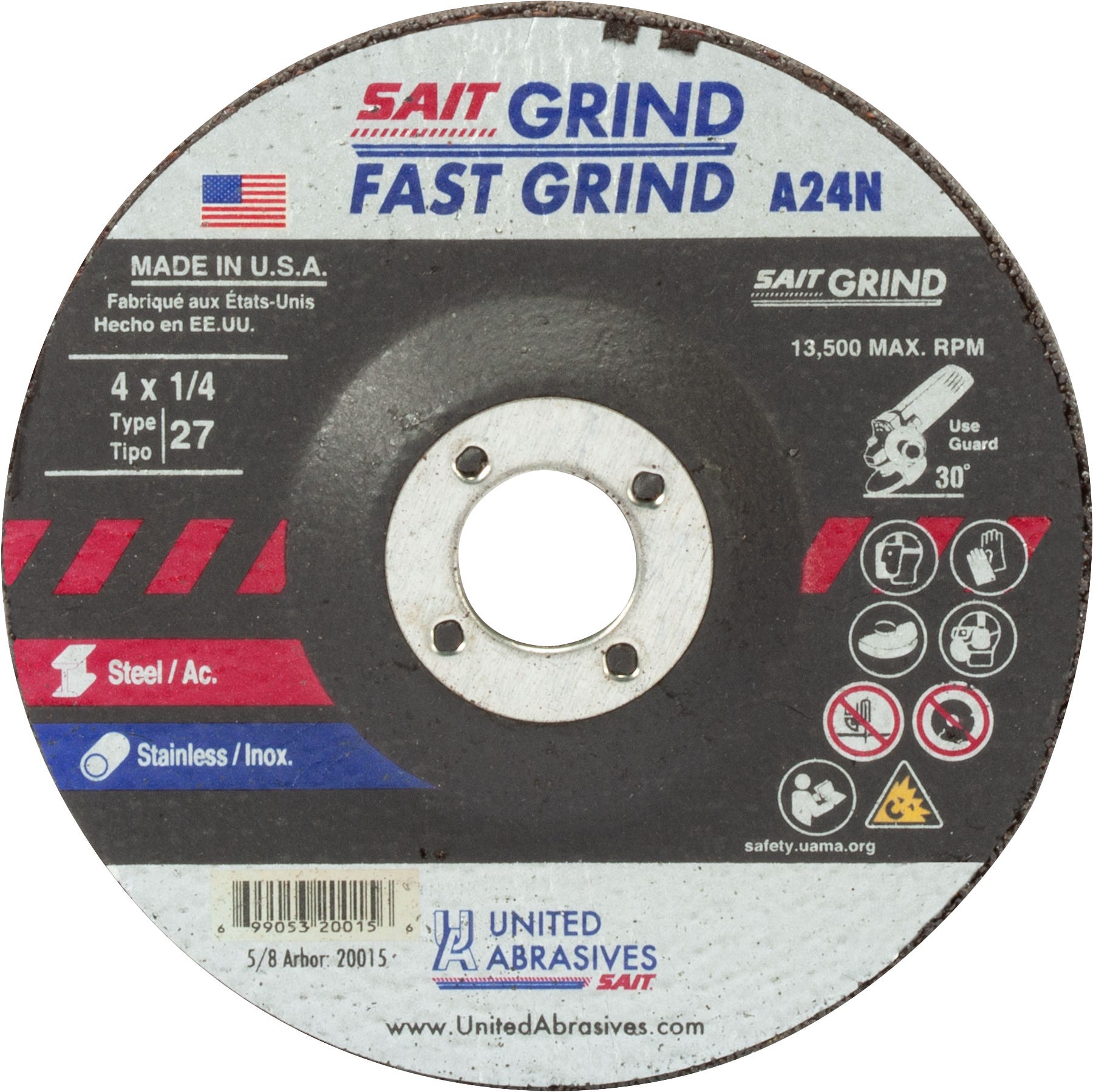 4" x 1/4" x 5/8" A24N - Fast Grinding Depressed Center Grinding Wheels, Type 27, 13,500 Max RPM, United Abrasives 20015