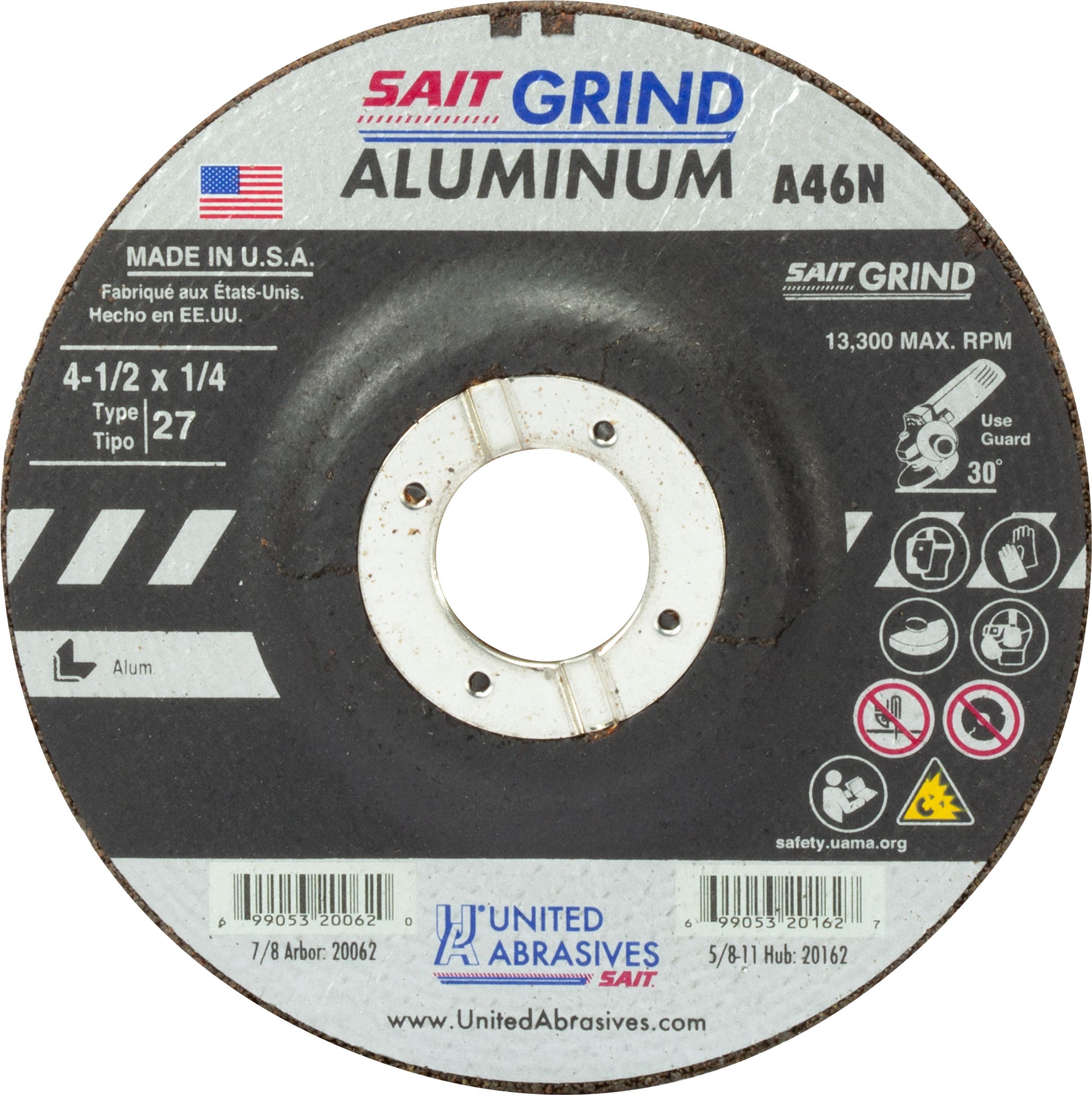 4-1/2" x 1/4" x 7/8" A46N Aluminum Depressed Center Grinding Wheels, Type 27, United Abrasives 20062