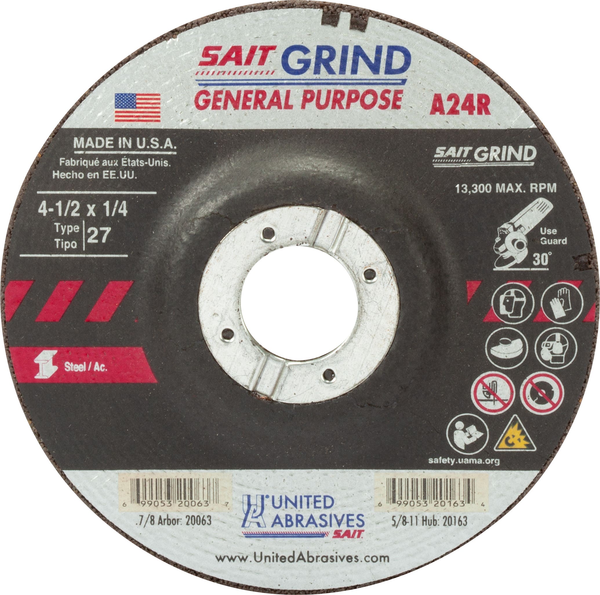 4-1/2" x 1/4" x 7/8" A24R - Long Life Depressed Center Grinding Wheels, Type 27, 13,300 Max RPM, United Abrasives 20063