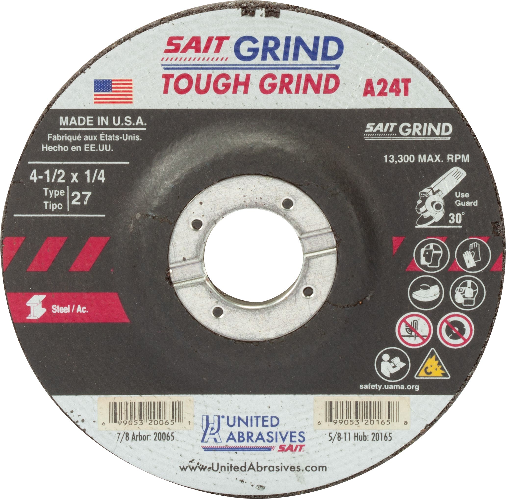 4-1/2" x 1/4" x 7/8" A24T - Edge Grinding Depressed Center Grinding Wheels, Type 27, 13,300 Max RPM, United Abrasives 20065