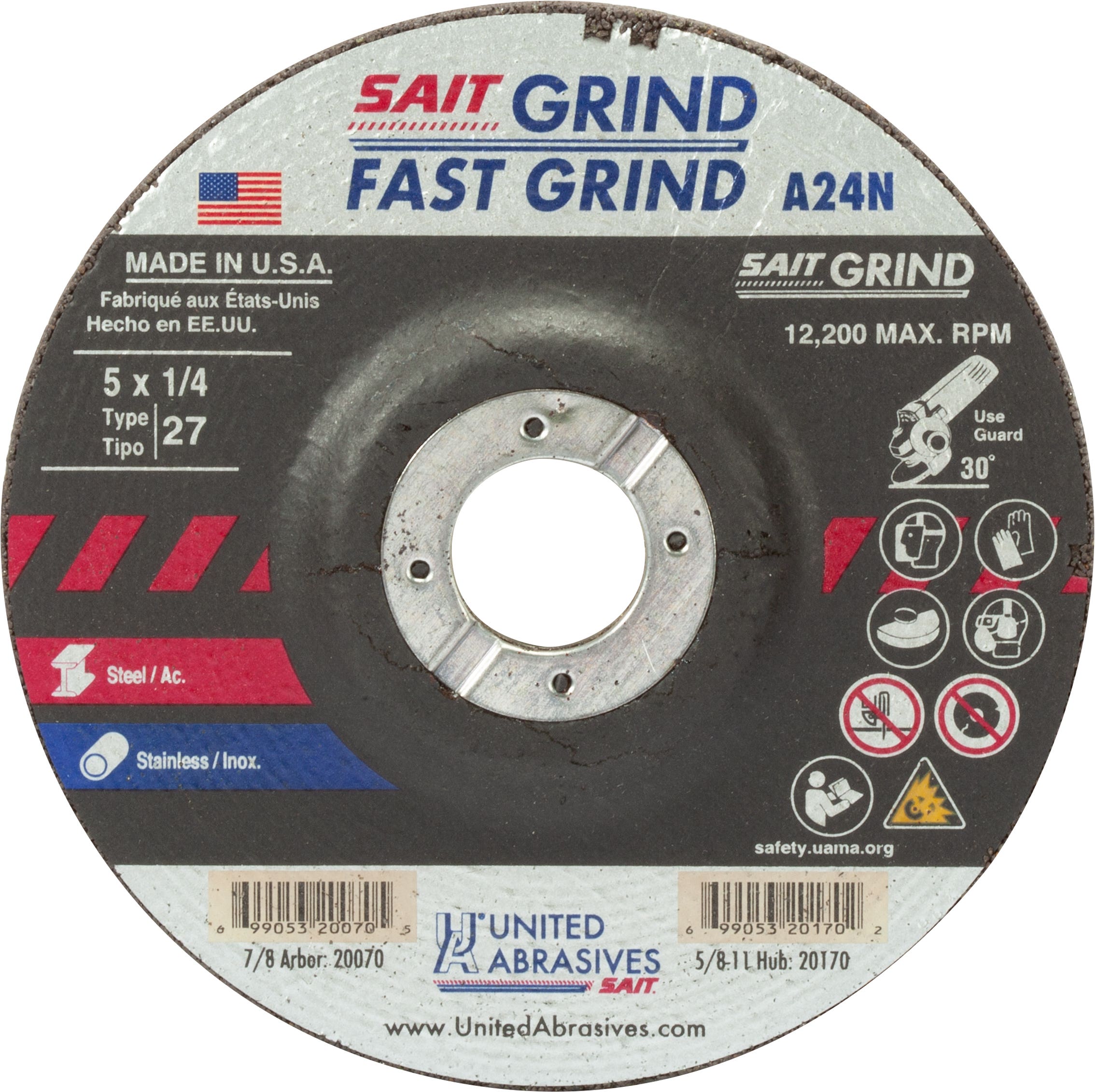 5" x 1/4" x 7/8" A24N - Fast Grinding Depressed Center Grinding Wheels, Type 27, 12,200 Max RPM, United Abrasives 20070