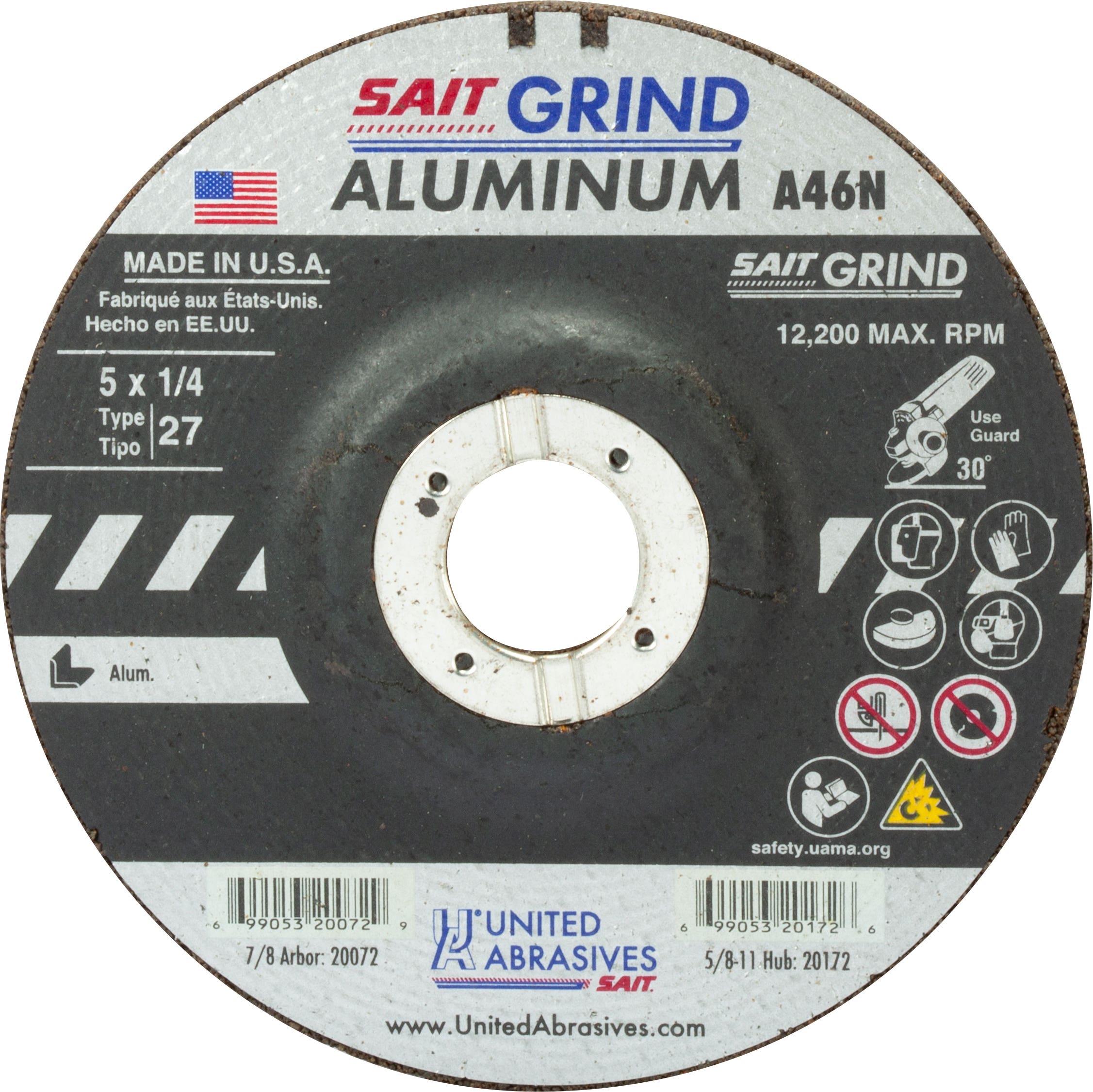 5" x 1/4" x 7/8" A46N - Aluminum Depressed Center Grinding Wheels, Type 27, 12,200 Max RPM, United Abrasives 20072