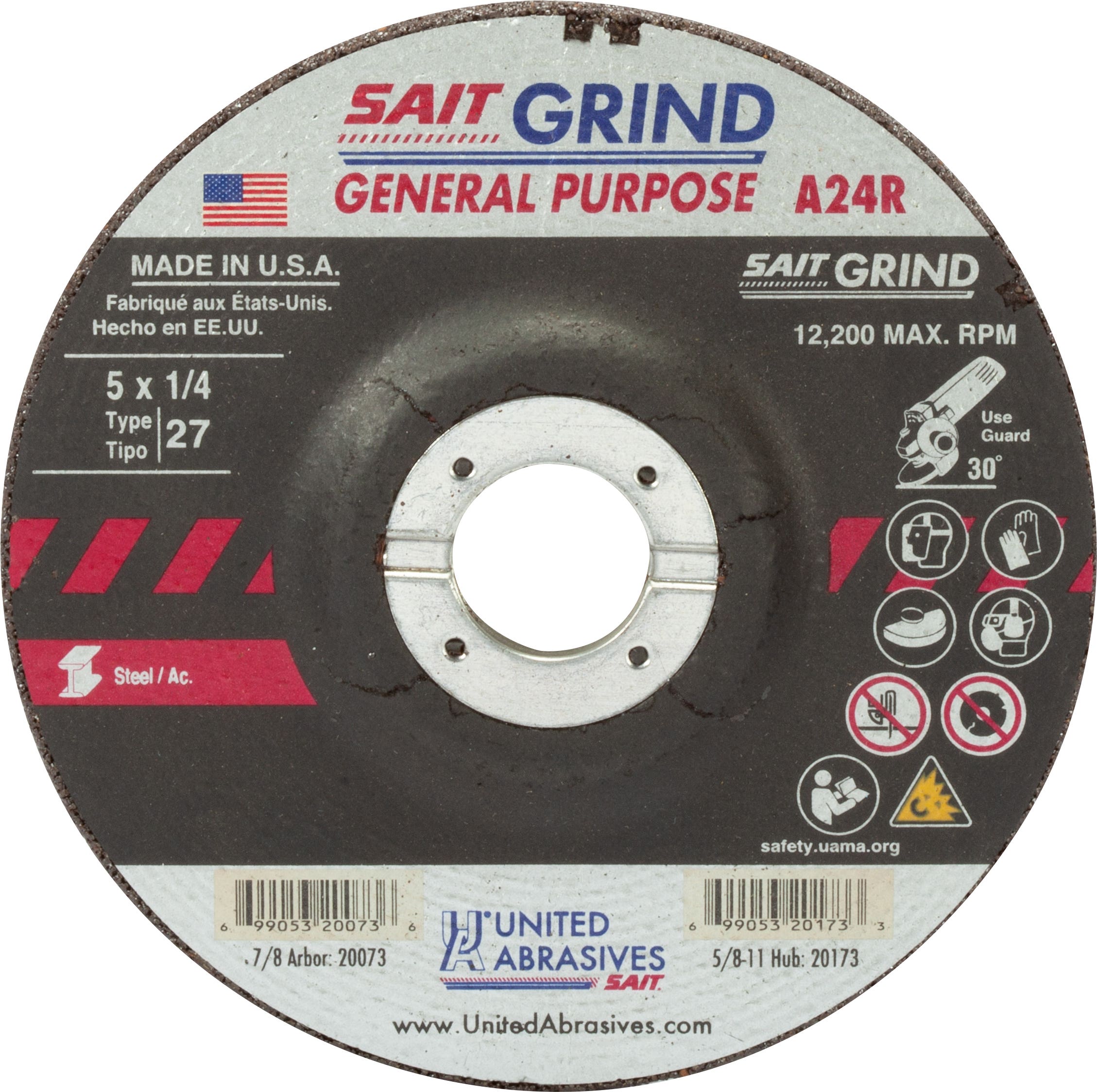 5" x 1/4" x 7/8" A24R - Long Life Depressed Center Grinding Wheels, Type 27, 12,200 Max RPM, United Abrasives 20073