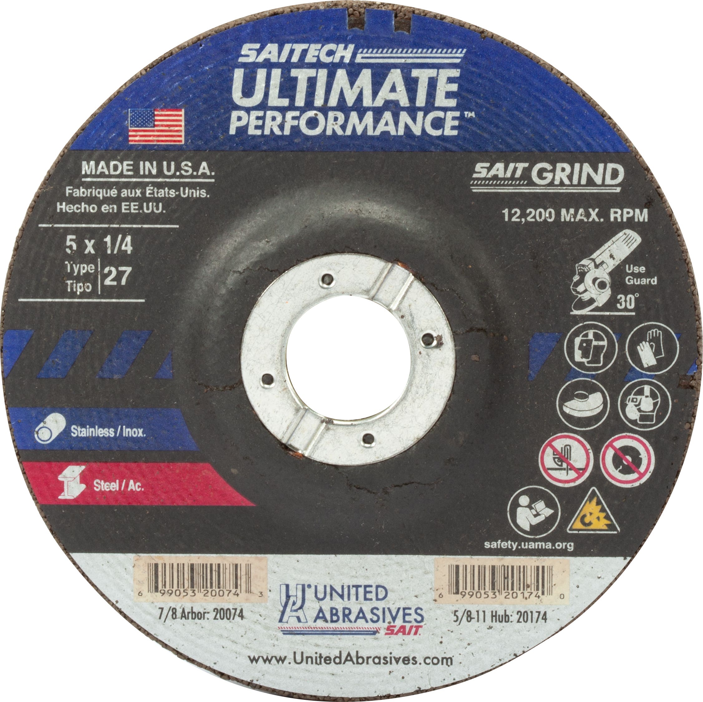5" x 1/4" x 7/8" Saitech Ultimate Performance Depressed Center Grinding Wheels, Type 27, 12,200 Max RPM, United Abrasives 20074