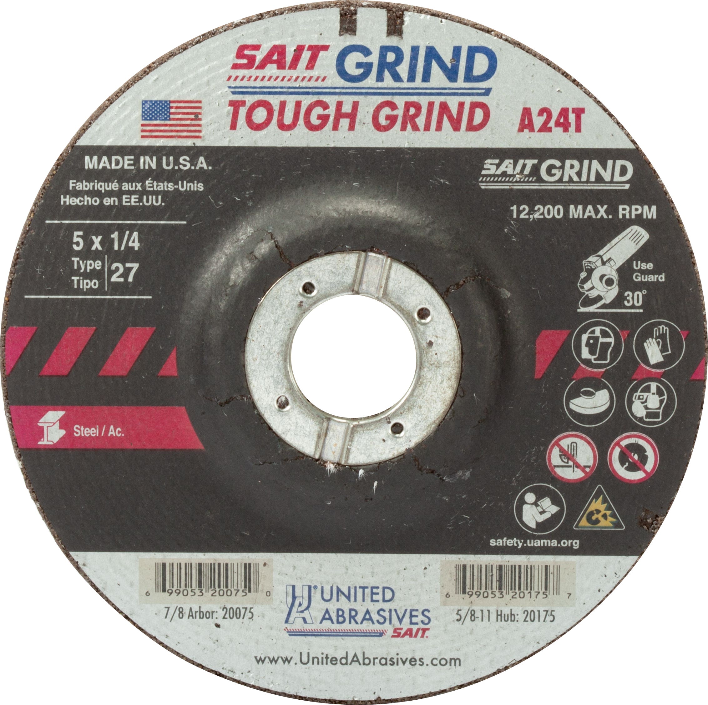5" x 1/4" x 7/8" A24T - Edge Grinding Depressed Center Grinding Wheels, Type 27, 12,200 Max RPM, United Abrasives 20075