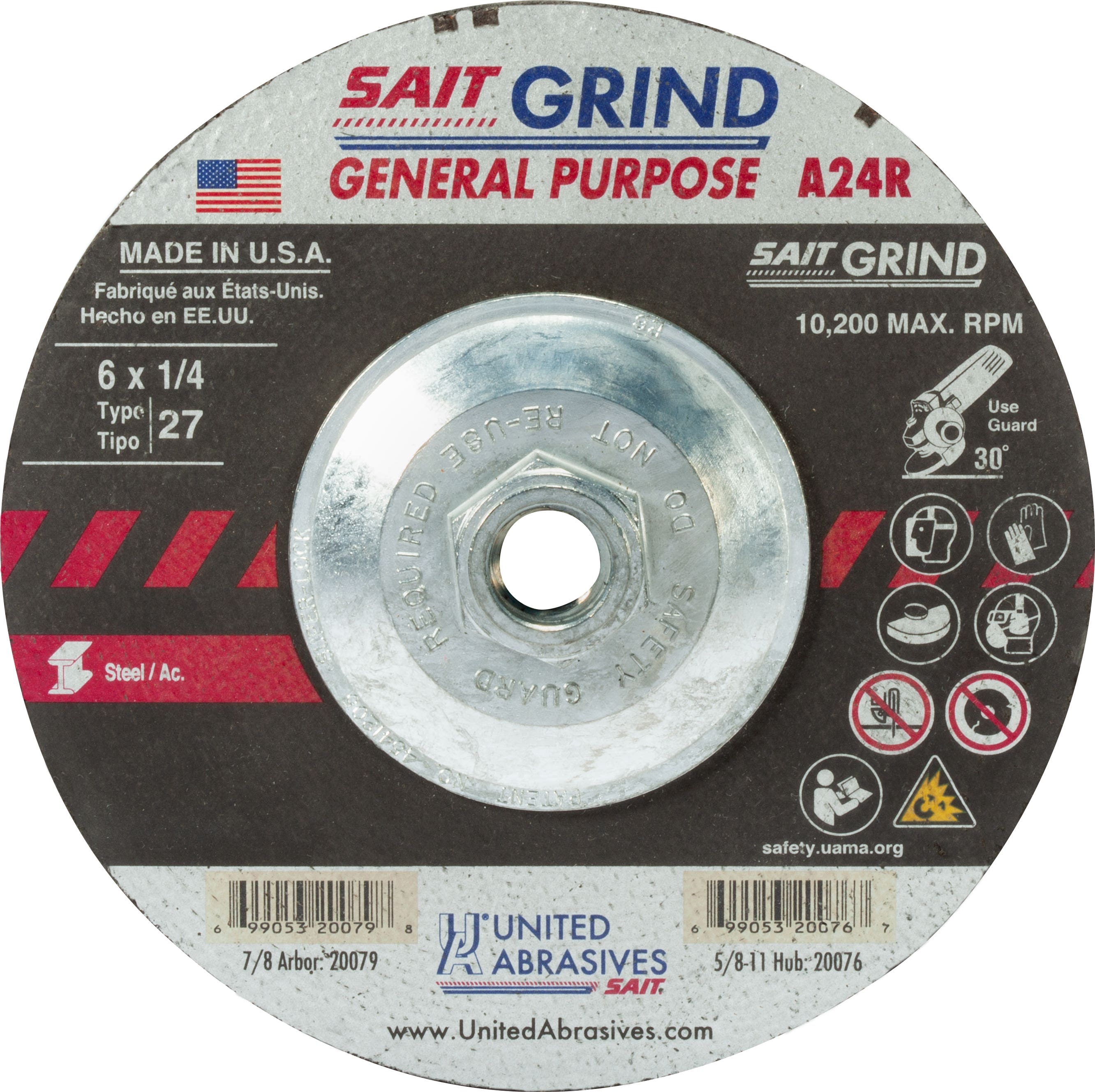 6" x 1/4" x 5/8"-11 A24R - Long Life Depressed Center Grinding Wheels, Type 27, 10,200 Max RPM, United Abrasives 20076