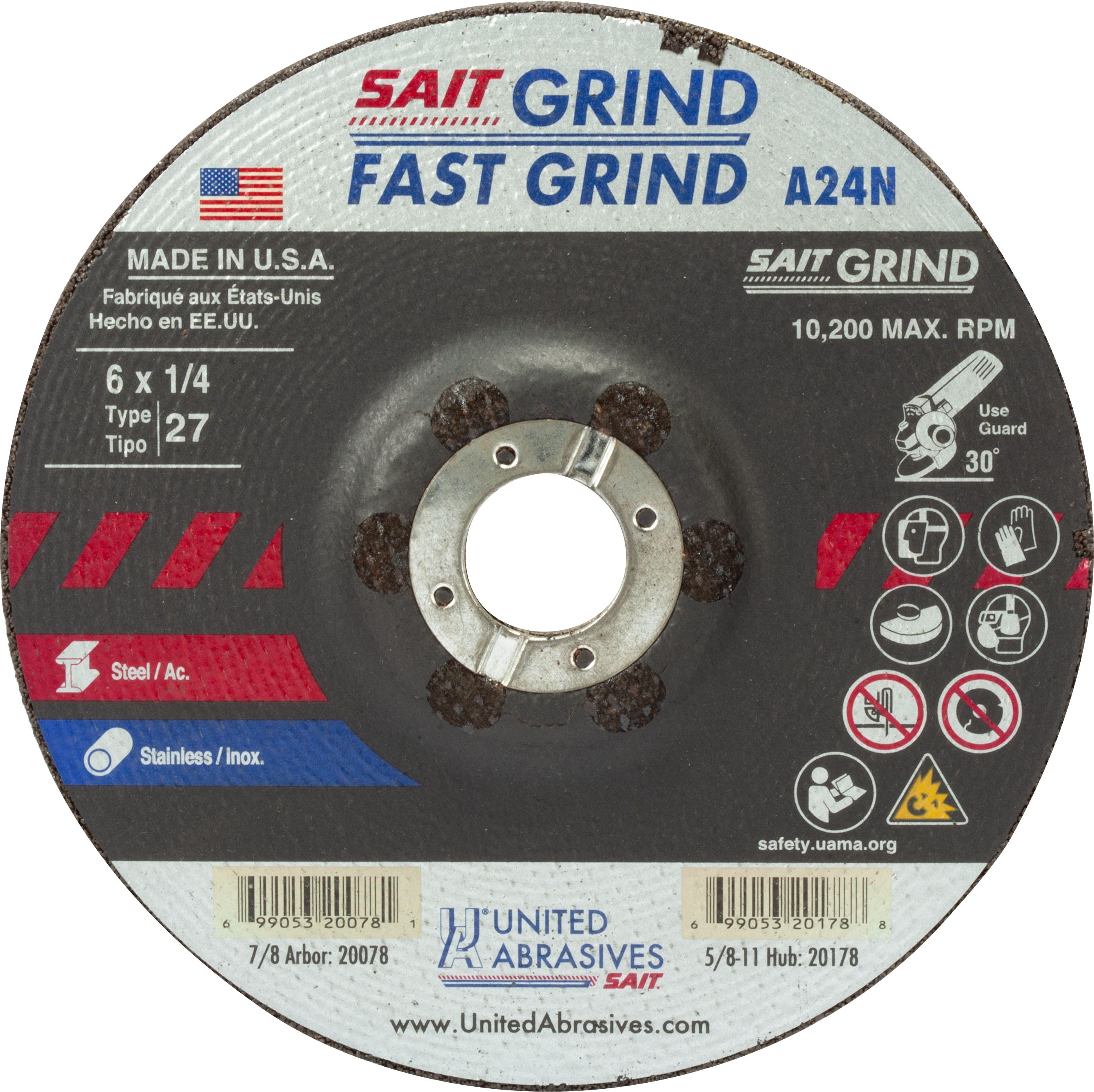 6" x 1/4" x 7/8" A24N - Fast Grinding Depressed Center Grinding Wheels, Type 27, 10,200 Max RPM, United Abrasives 20078