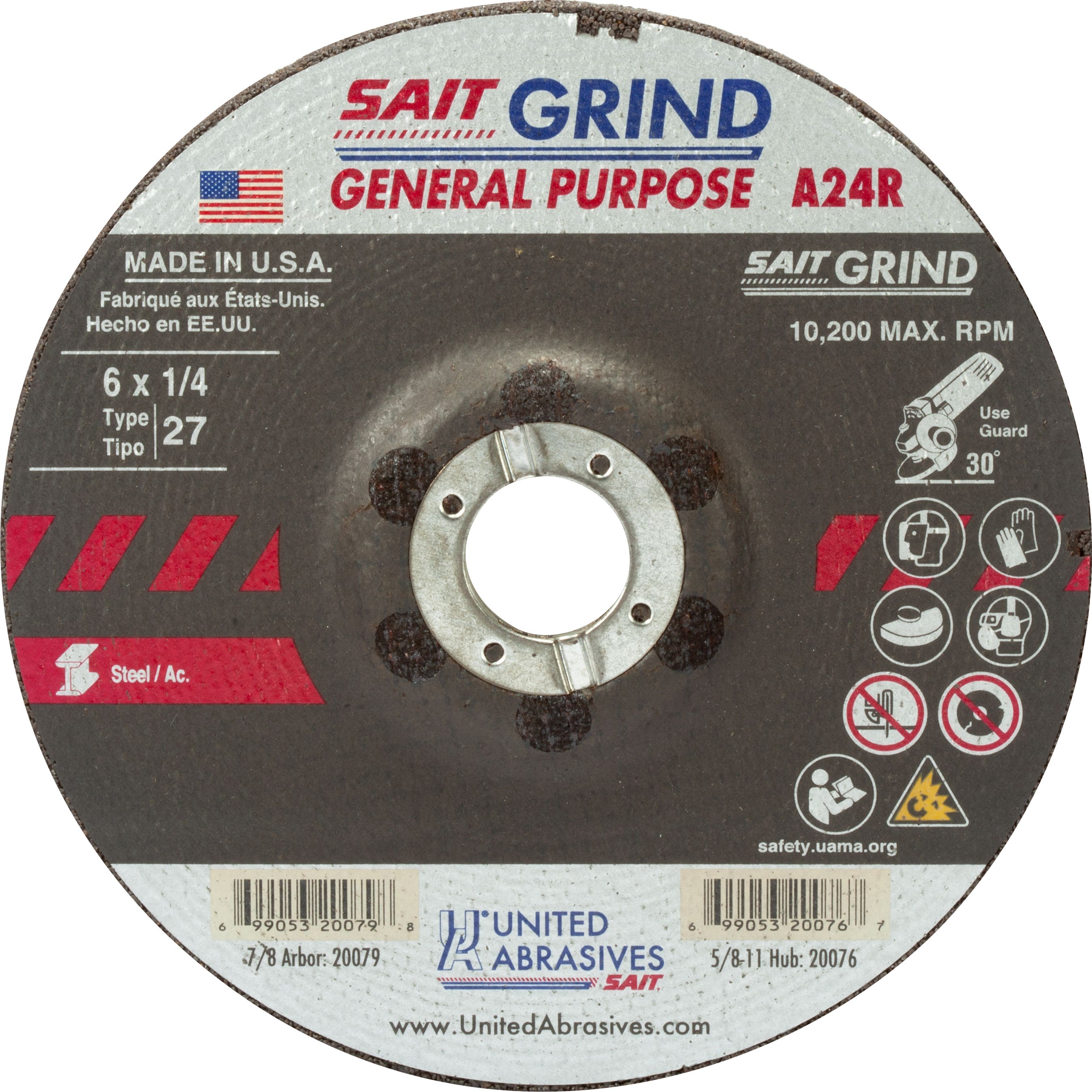 6" x 1/4" x 7/8" A24R - Long Life Depressed Center Grinding Wheels, Type 27, 10,200 Max RPM, United Abrasives 20079