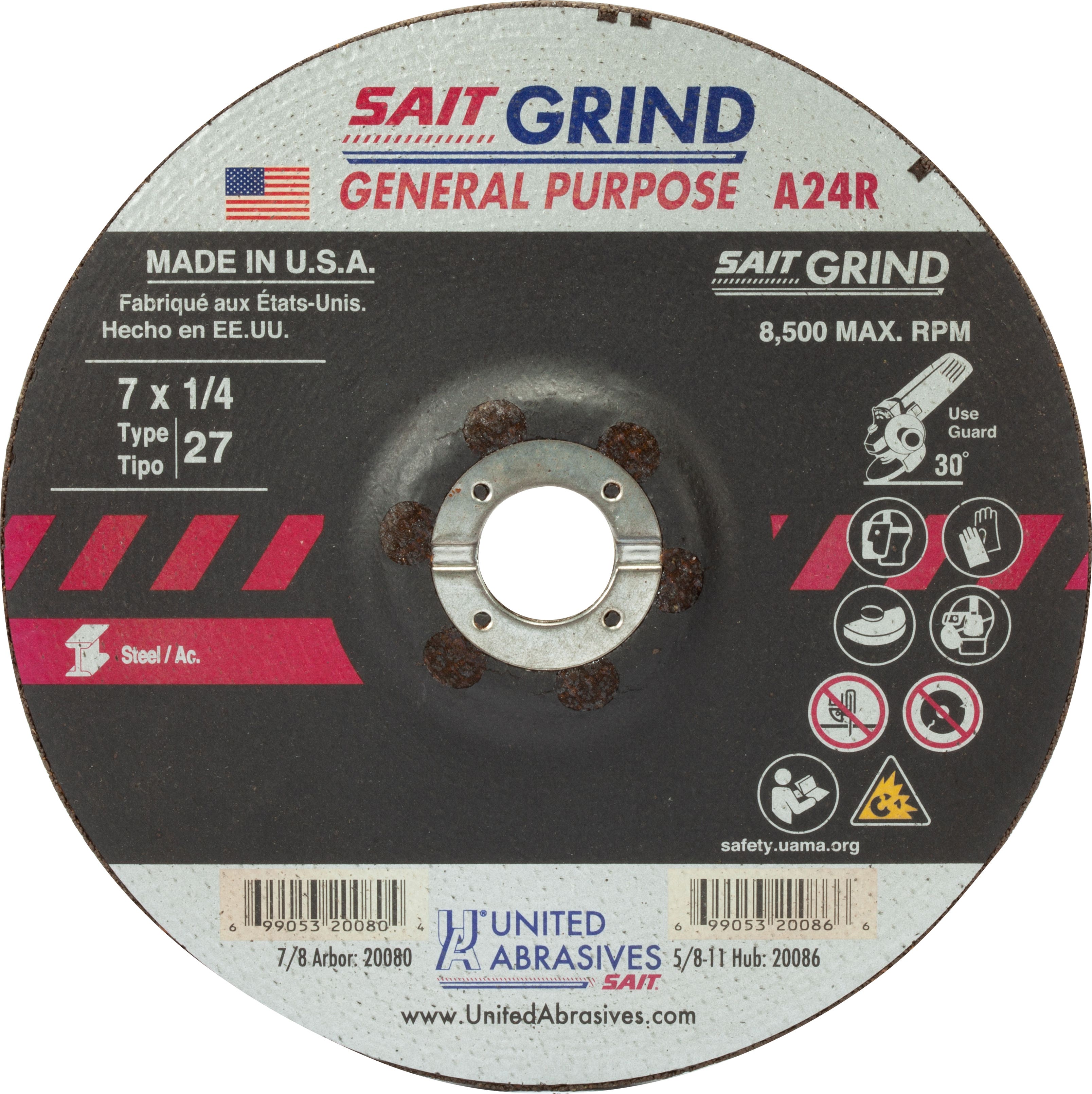 7" x 1/4" x 7/8" A24R - Long Life Depressed Center Grinding Wheels, Type 27, 8,500 Max RPM, United Abrasives 20080