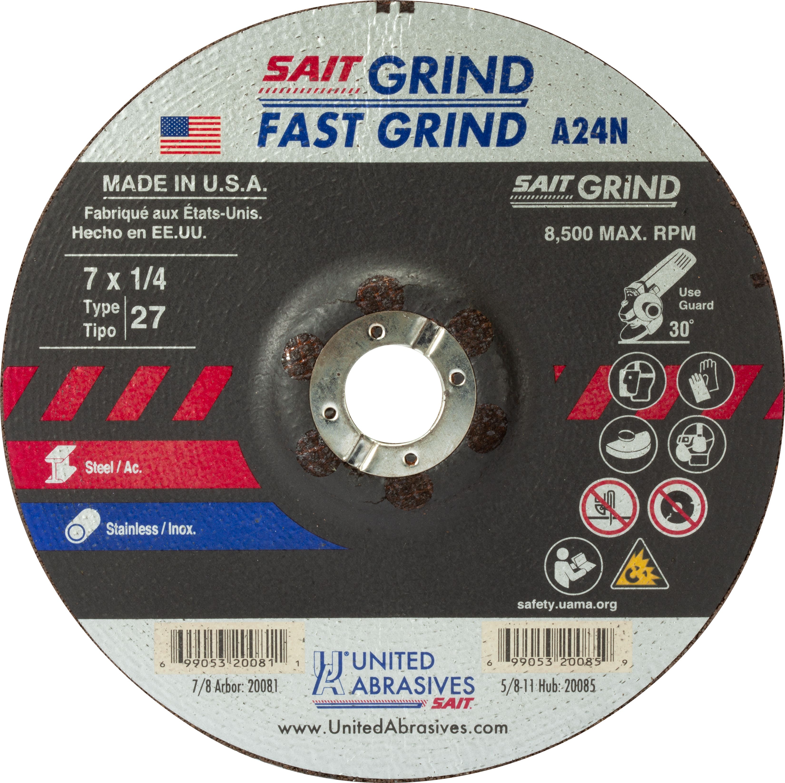 7" x 1/4" x 7/8" A24N - Fast Grinding Depressed Center Grinding Wheels, Type 27, 8,500 Max RPM, United Abrasives 20081