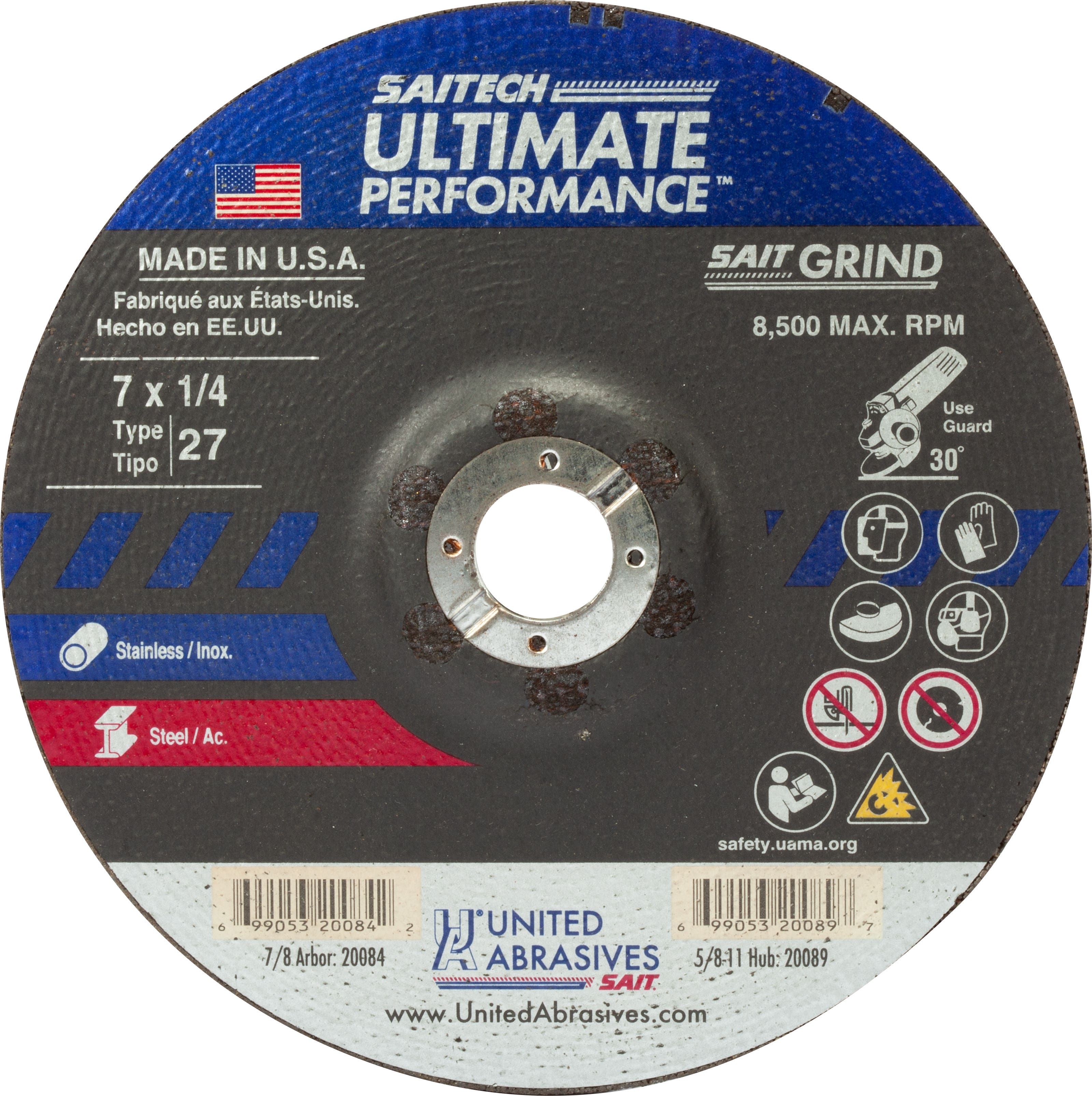 7" x 1/4" x 7/8" Saitech Ultimate Performance Depressed Center Grinding Wheels, Type 27, 8,500 Max RPM, United Abrasives 20084