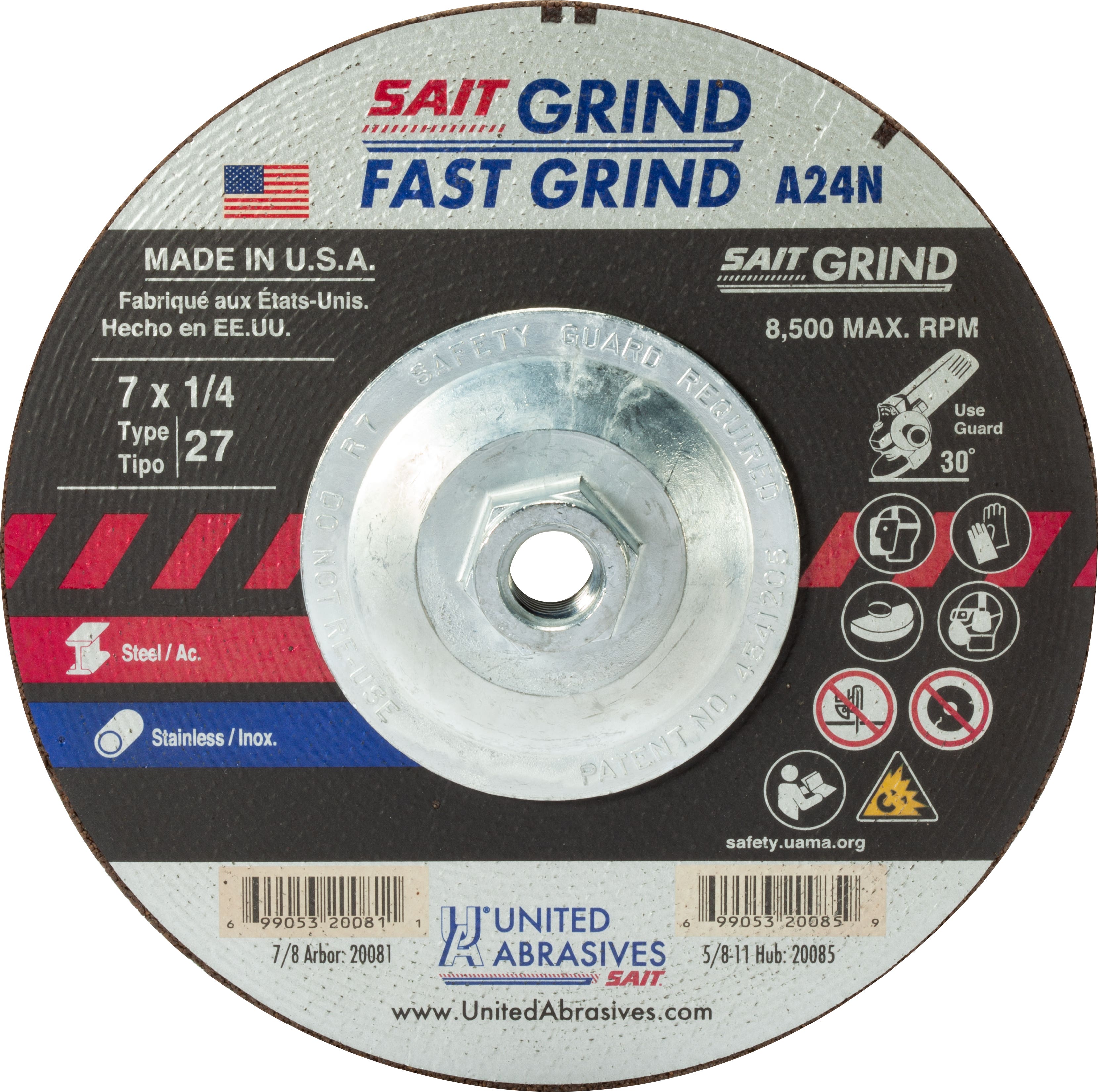7" x 1/4" x 5/8"-11" A24N - Fast Grinding Depressed Center Grinding Wheels, Type 27, 8,500 Max RPM, United Abrasives 20085