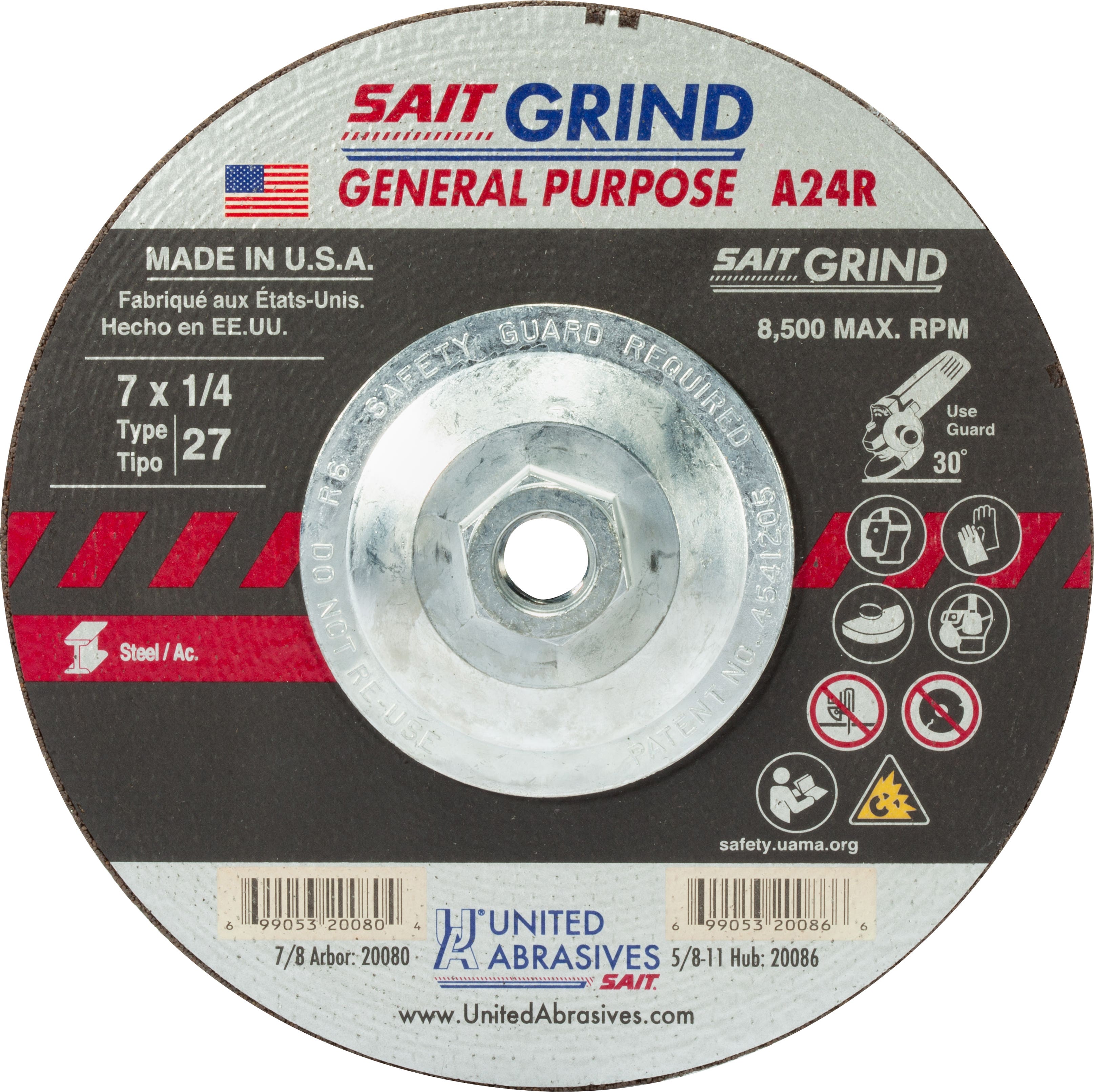 7" x 1/4" x 5/8"-11 A24R - Long Life Depressed Center Grinding Wheels, Type 27, 8,500 Max RPM, United Abrasives 20086