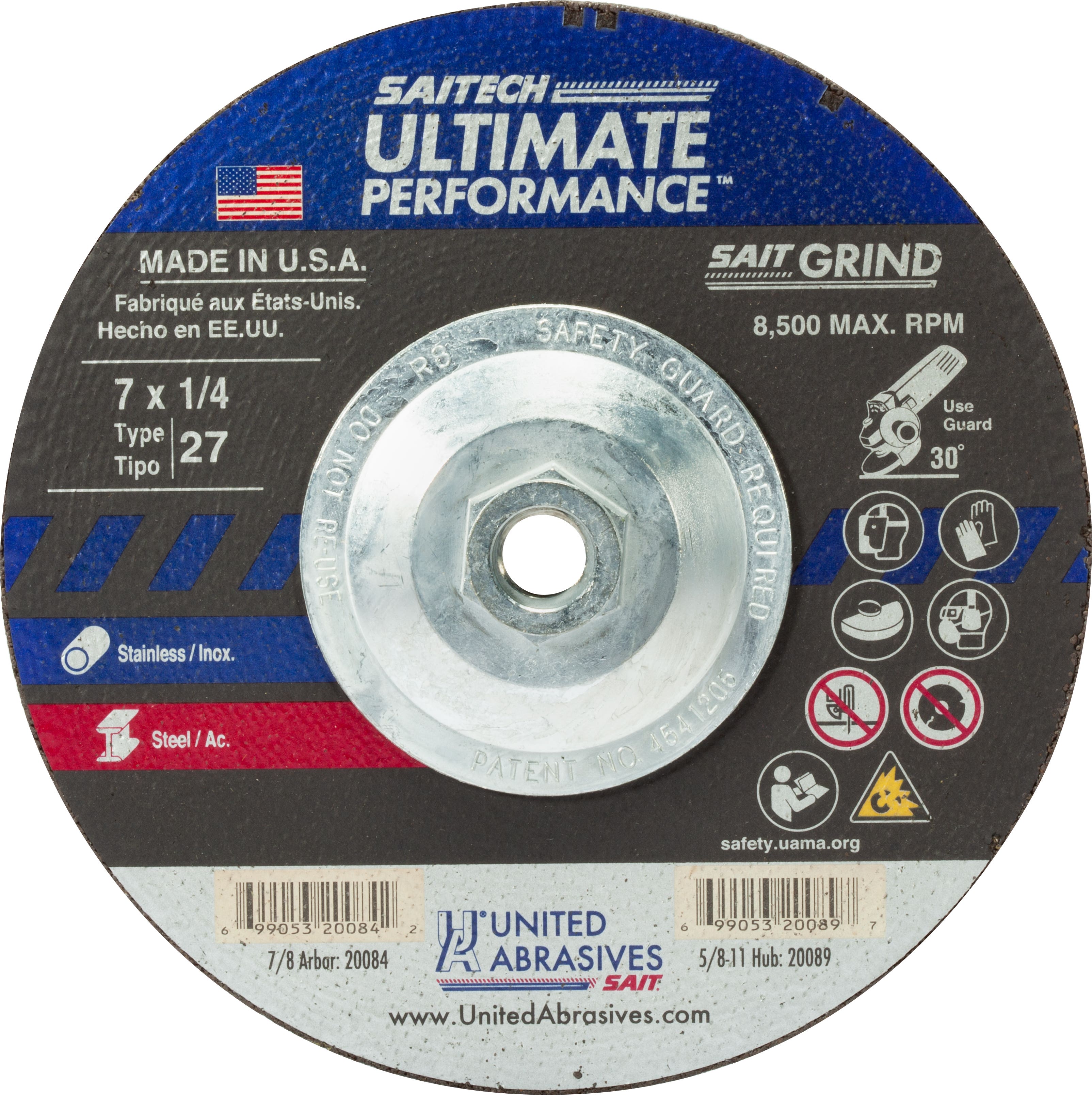 7" x 1/4" x 5/8"-11 Saitech Ultimate Performance Depressed Center Grinding Wheels, Type 27, 8,500 Max RPM, United Abrasives 20089