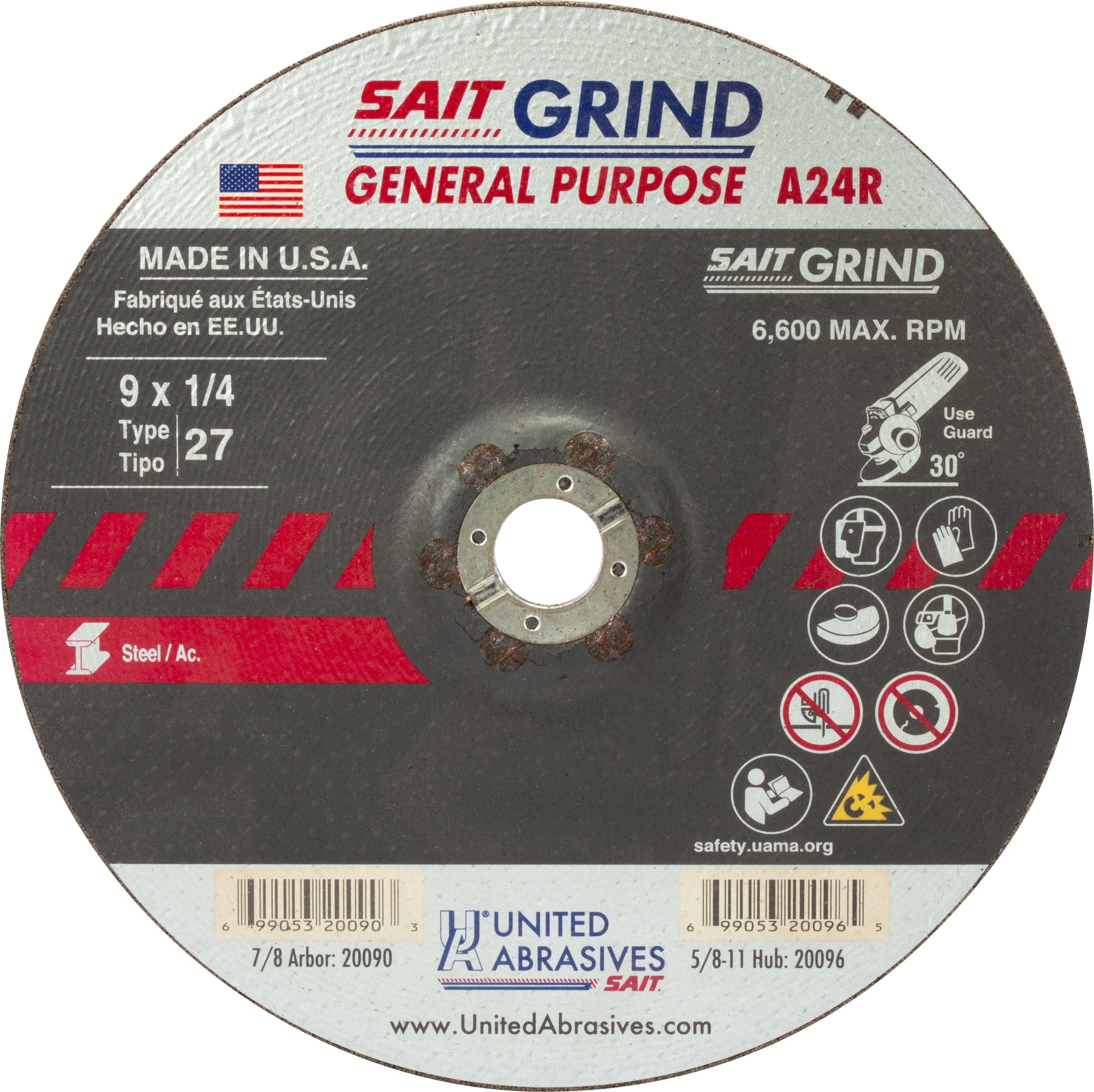 9" x 1/4" x 7/8" A24R Long Life Depressed Center Grinding Wheels, Type 27, United Abrasives 20090