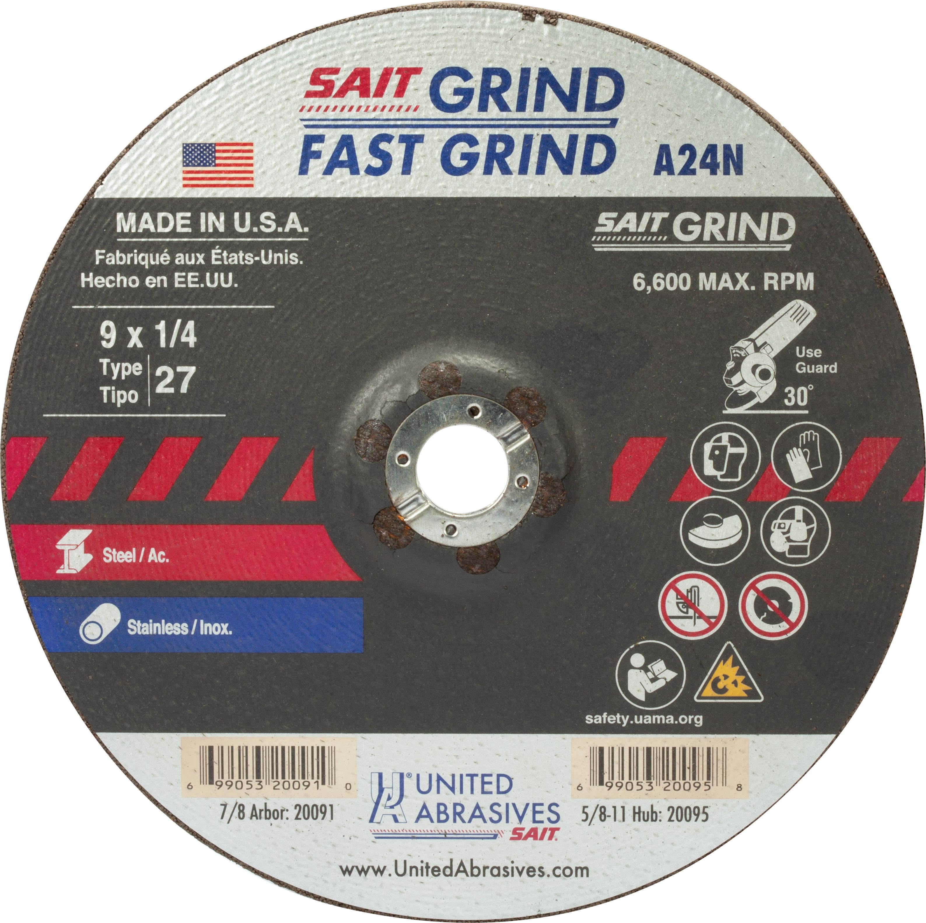 9" x 1/4" x 7/8" A24N - Fast Grinding Depressed Center Grinding Wheels, Type 27, 6,600 Max RPM, United Abrasives 20091