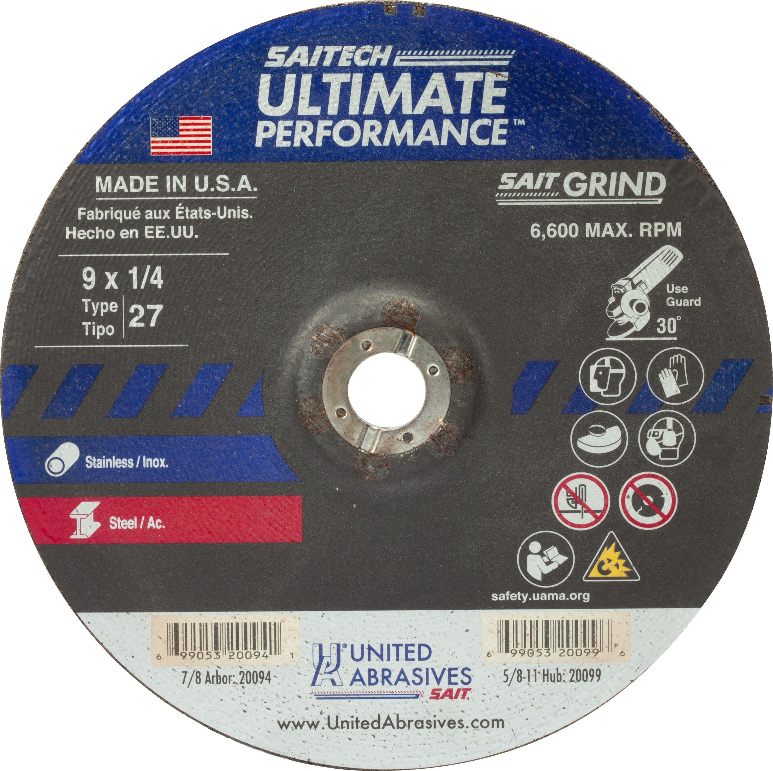 9" x 1/4" x 7/8" Saitech Ultimate Performance Depressed Center Grinding Wheels, Type 27, 6,600 Max RPM, United Abrasives 20094