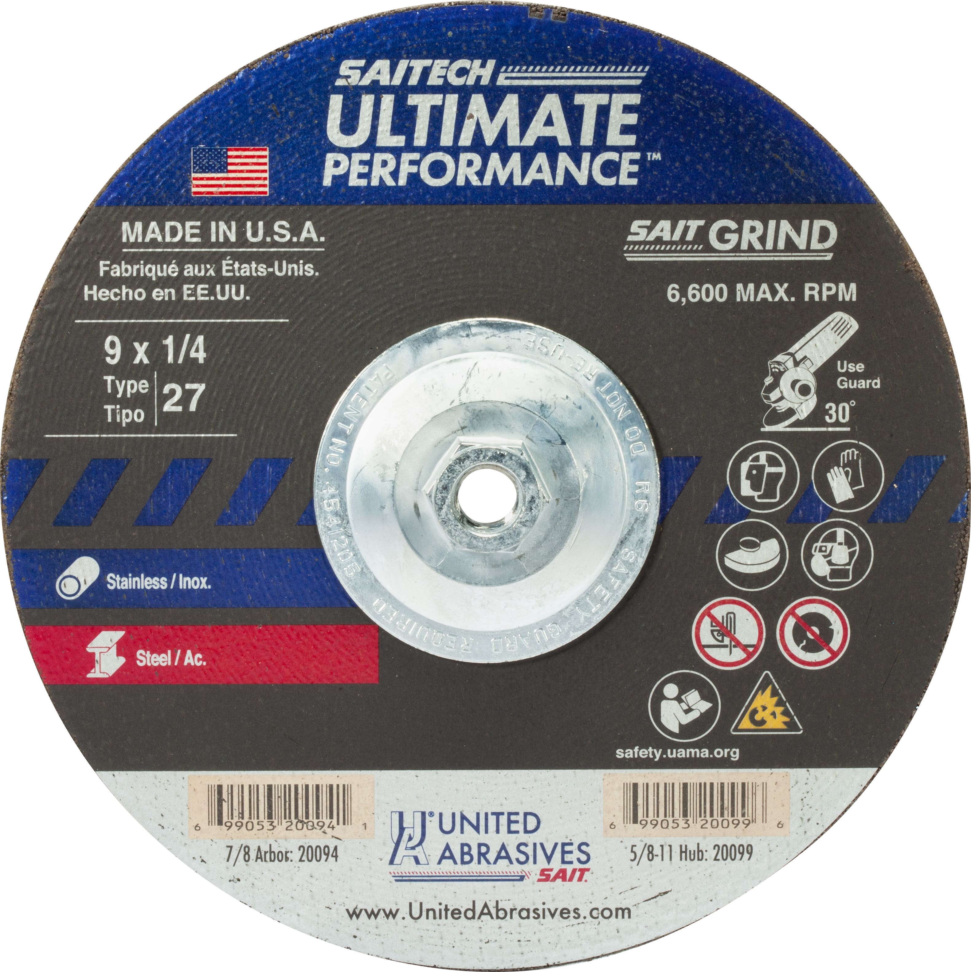 9" x 1/4" x 5/8"-11 Saitech Ultimate Performance Depressed Center Grinding Wheels, Type 27, 6,600 Max RPM, United Abrasives 20099