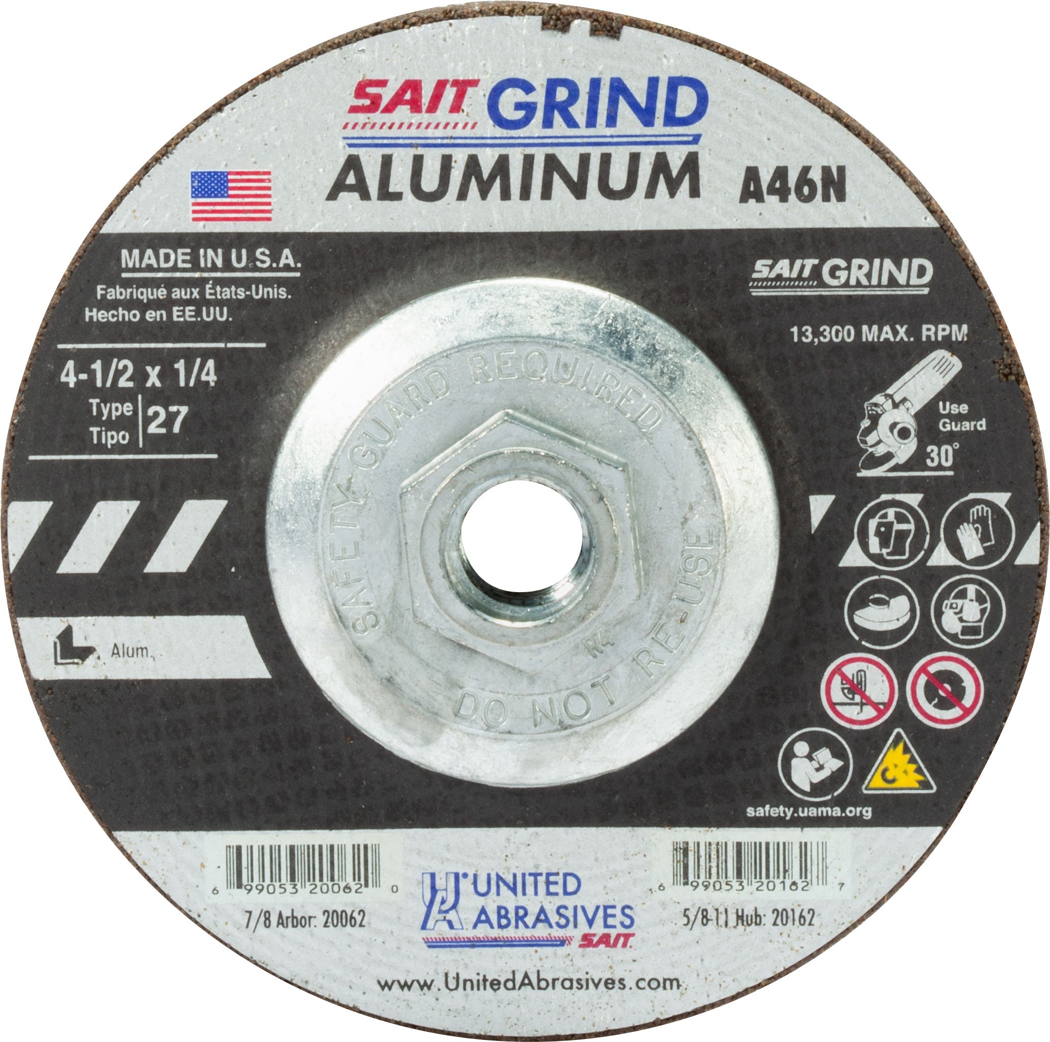 4-1/2" x 1/4" x 5/8"-11 A46N Aluminum Depressed Center Grinding Wheels, Type 27, United Abrasives 20162