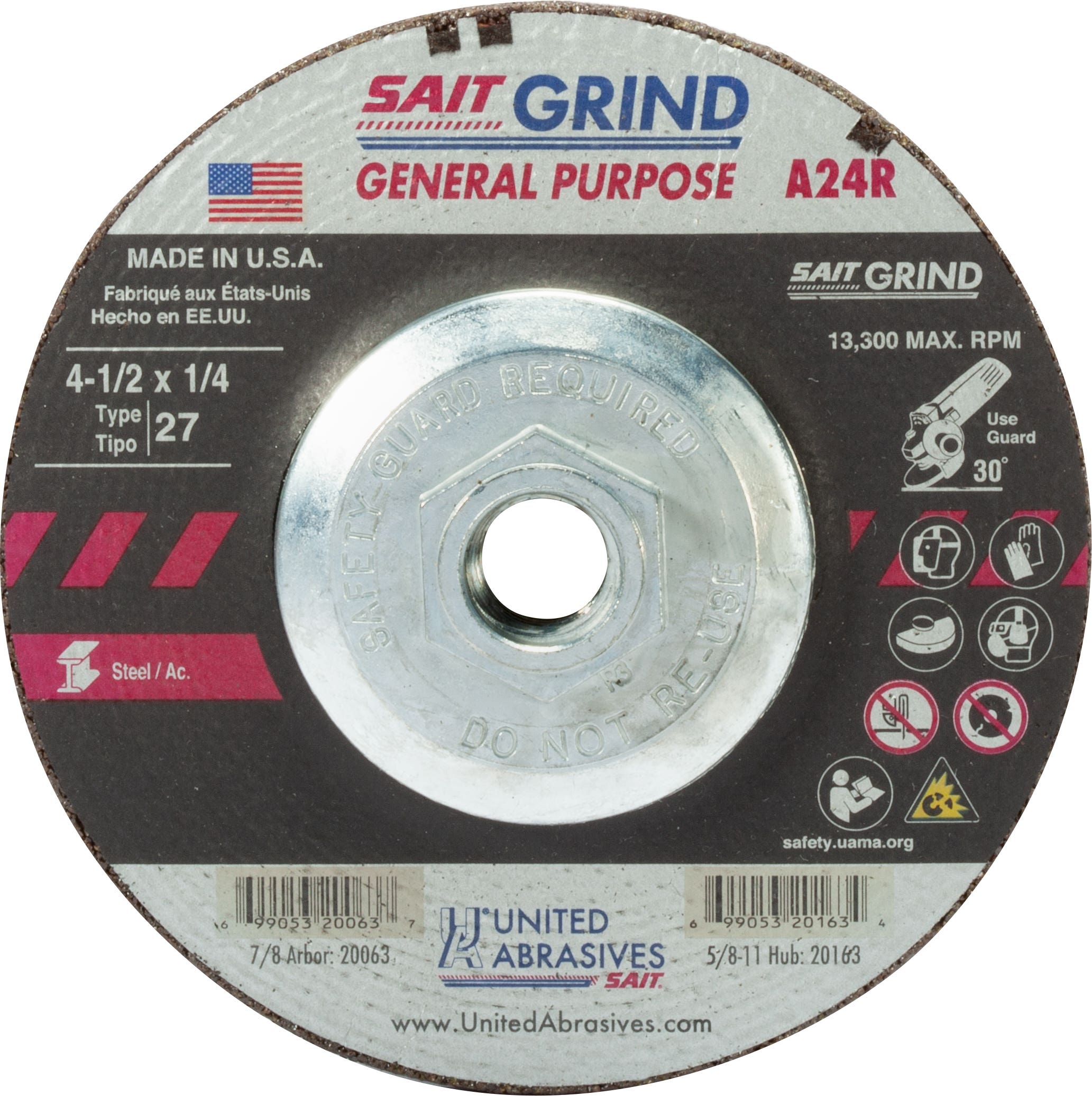 4-1/2" x 1/4" x 5/8"-11 A24R Long Life Depressed Center Grinding Wheels, Type 27, United Abrasives 20163