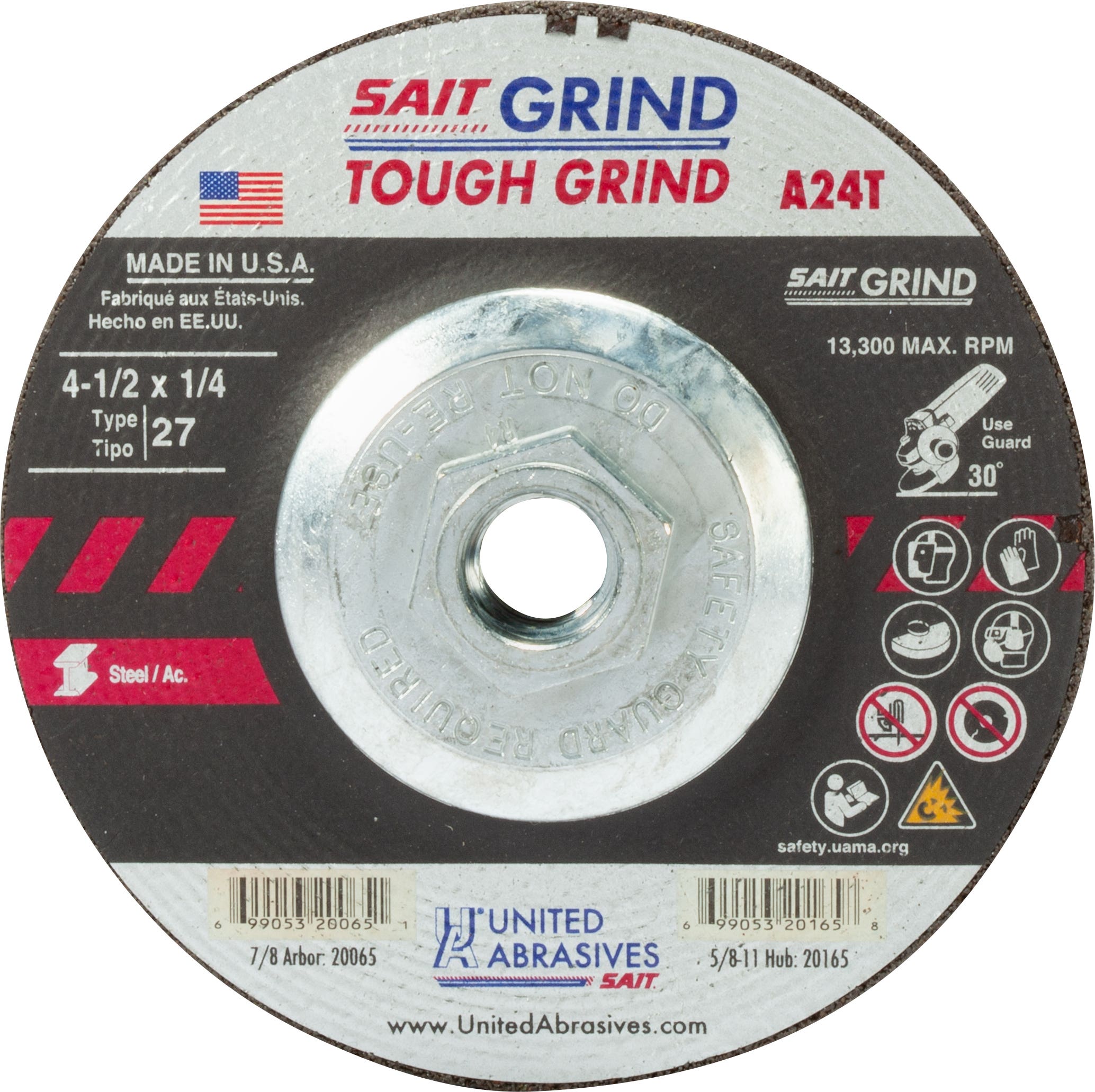 4-1/2" x 1/4" x 5/8"-11 A24T - Edge Grinding Depressed Center Grinding Wheels, Type 27, 13,300 Max RPM, United Abrasives 20165