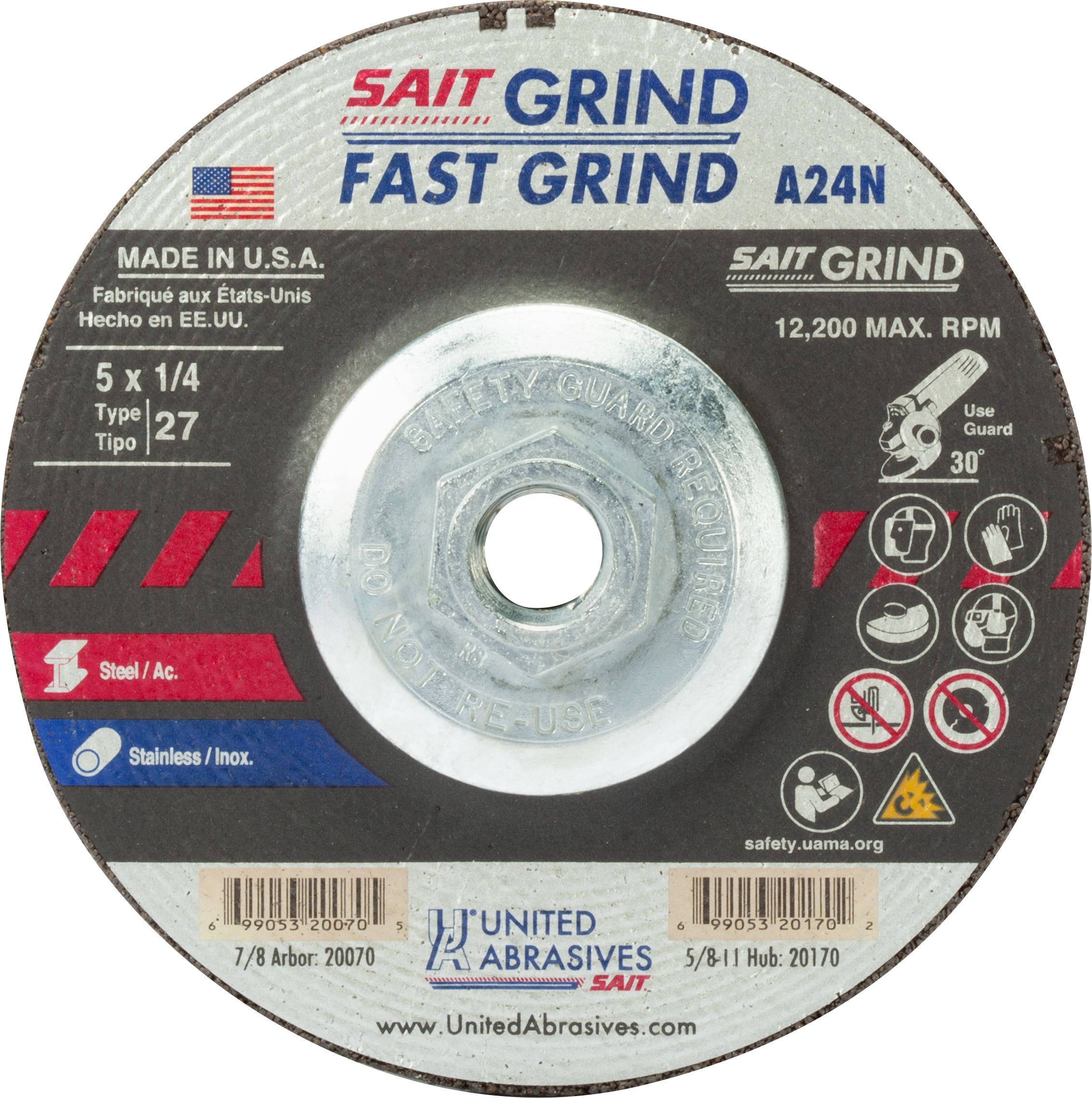 5" x 1/4" x 5/8"-11" A24N - Fast Grinding Depressed Center Grinding Wheels, Type 27, 12,200 Max RPM, United Abrasives 20170