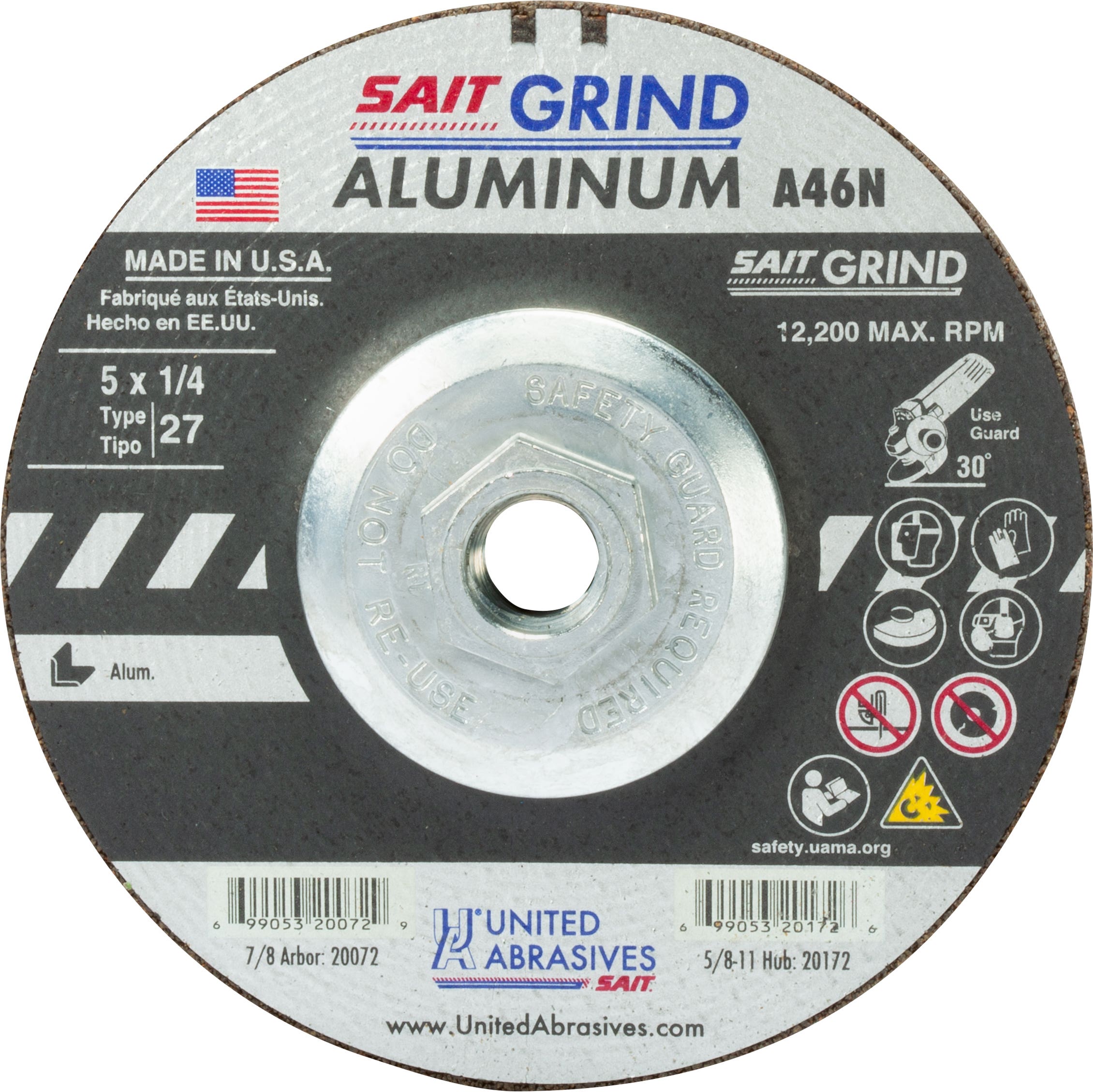 5" x 1/4" x 5/8"-11 A46N Aluminum Depressed Center Grinding Wheels, Type 27, United Abrasives 20172