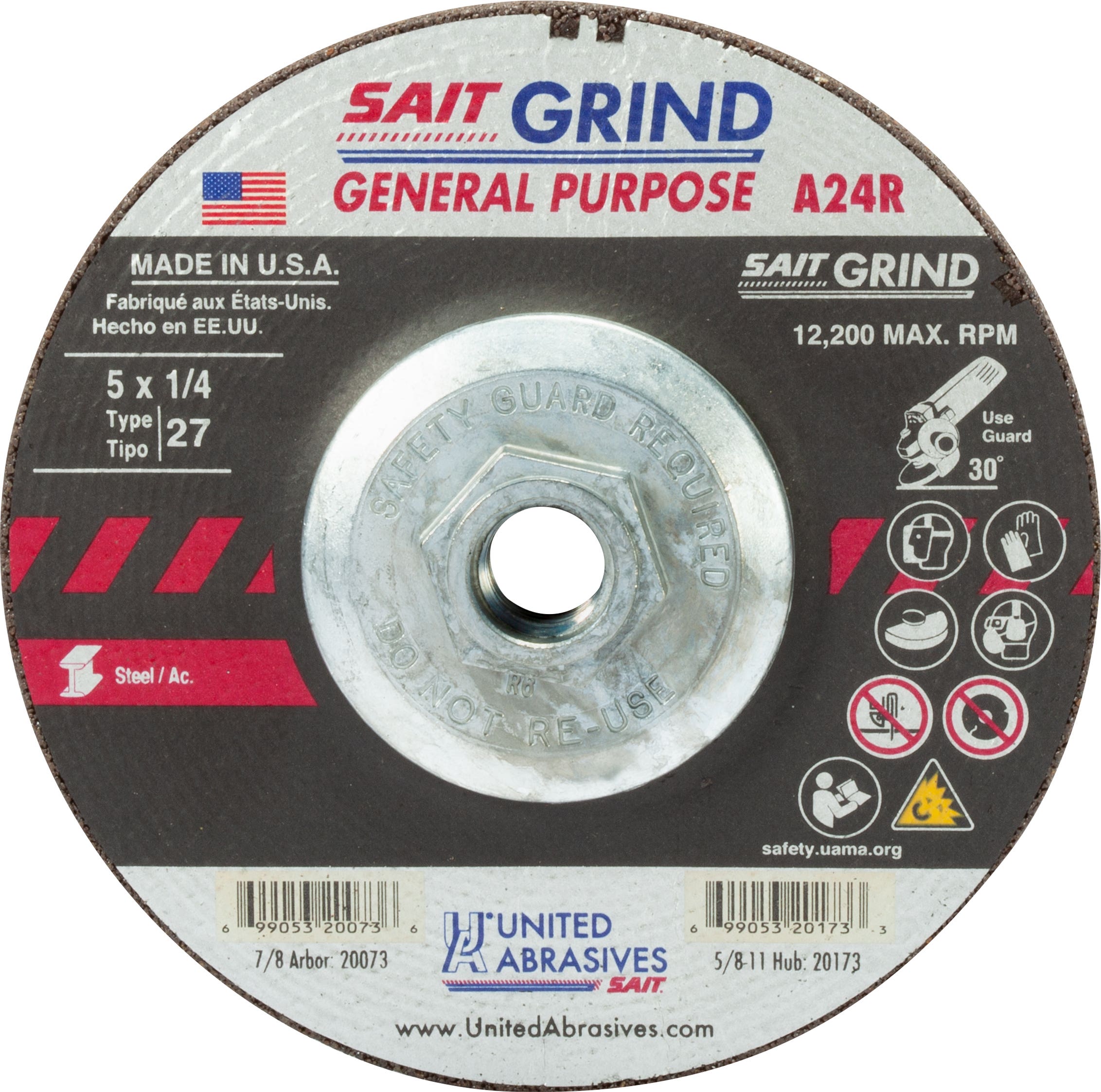 5" x 1/4" x 5/8"-11 A24R Long Life Depressed Center Grinding Wheels, Type 27, United Abrasives 20173