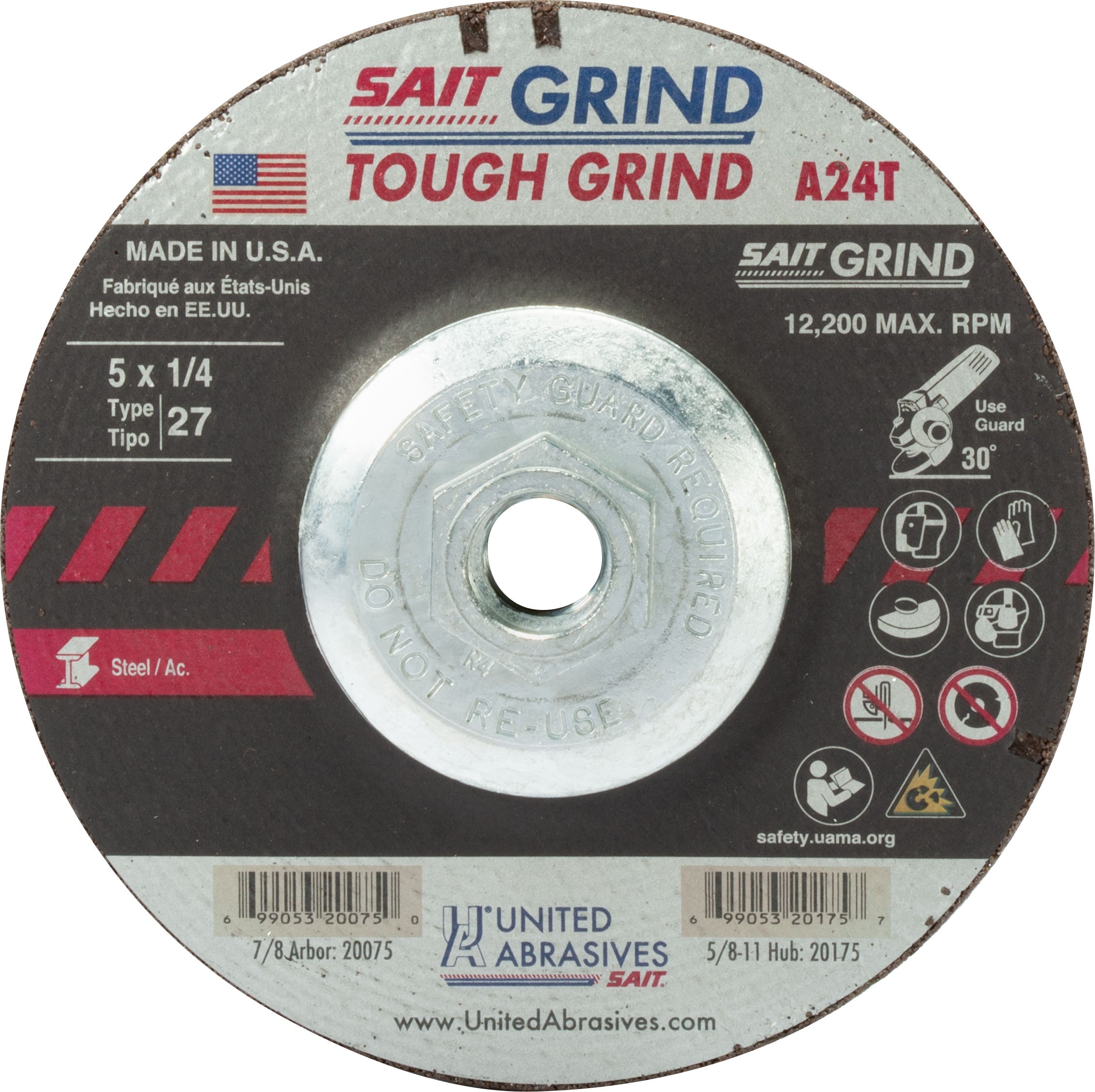 5" x 1/4" x 5/8"-11 A24T - Edge Grinding Depressed Center Grinding Wheels, Type 27, 12,200 Max RPM, United Abrasives 20175