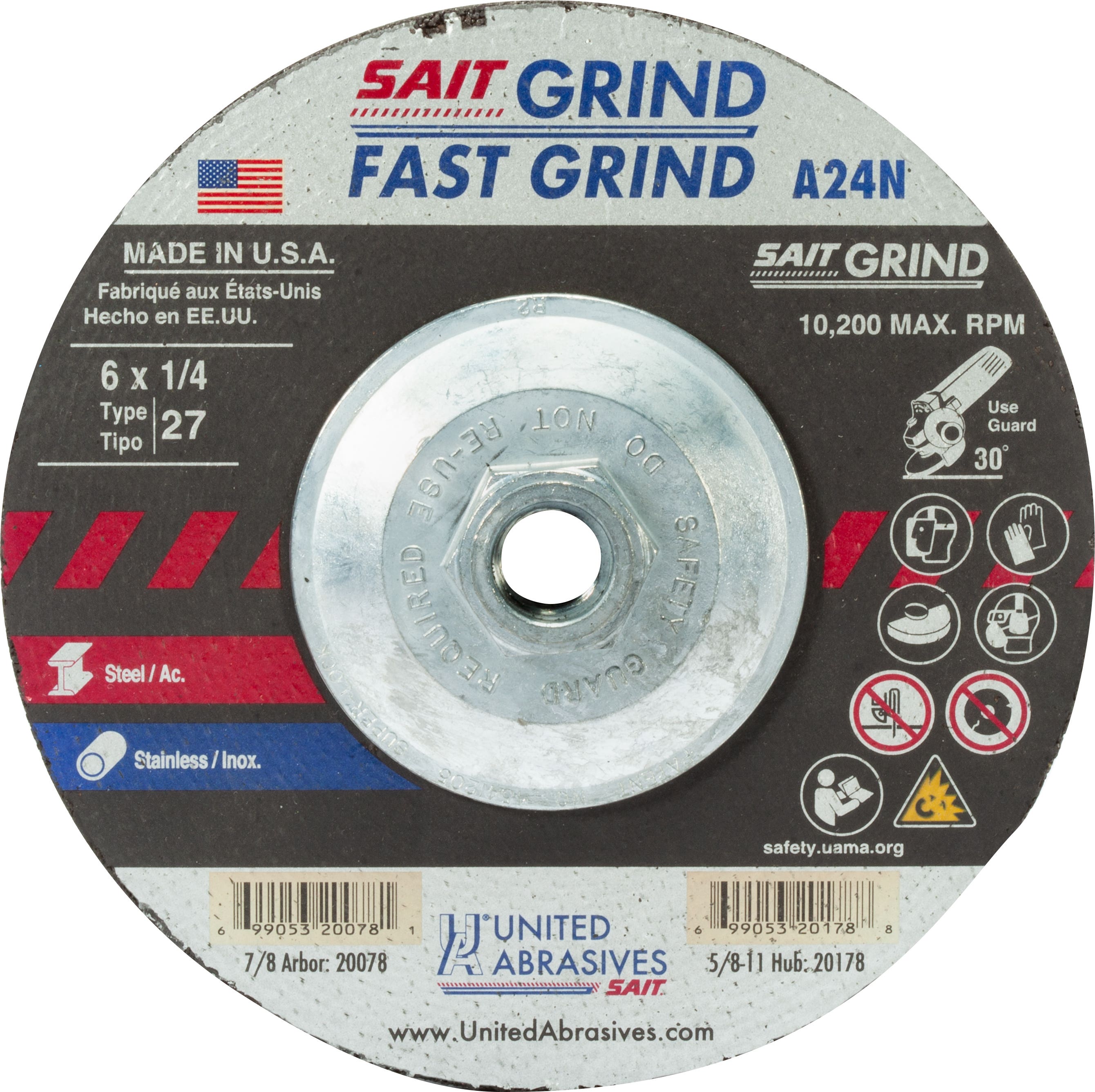 6" x 1/4" x 5/8-11" A24N - Fast Grinding Depressed Center Grinding Wheels, Type 27, 10,200 Max RPM, United Abrasives 20178