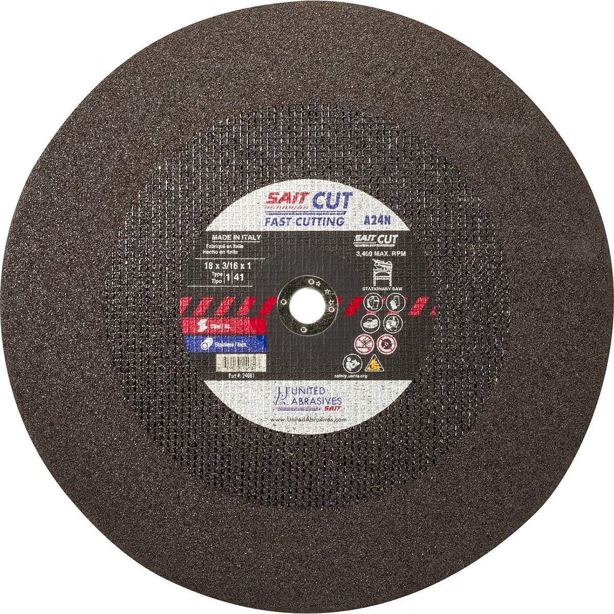 18" x 3/16" x 1" A24N - Fast Cutting Stationary Saw Cut-Off Wheels, Type 1, 3,400 Max RPM, United Abrasives 24081