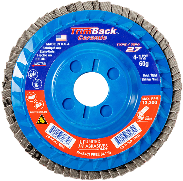 4-1/2" x 7/8" TrimBack™ Ceramic Flap Disc, Type 27, 36 Grit, 10-Pack, United Abrasives-SAIT 70832