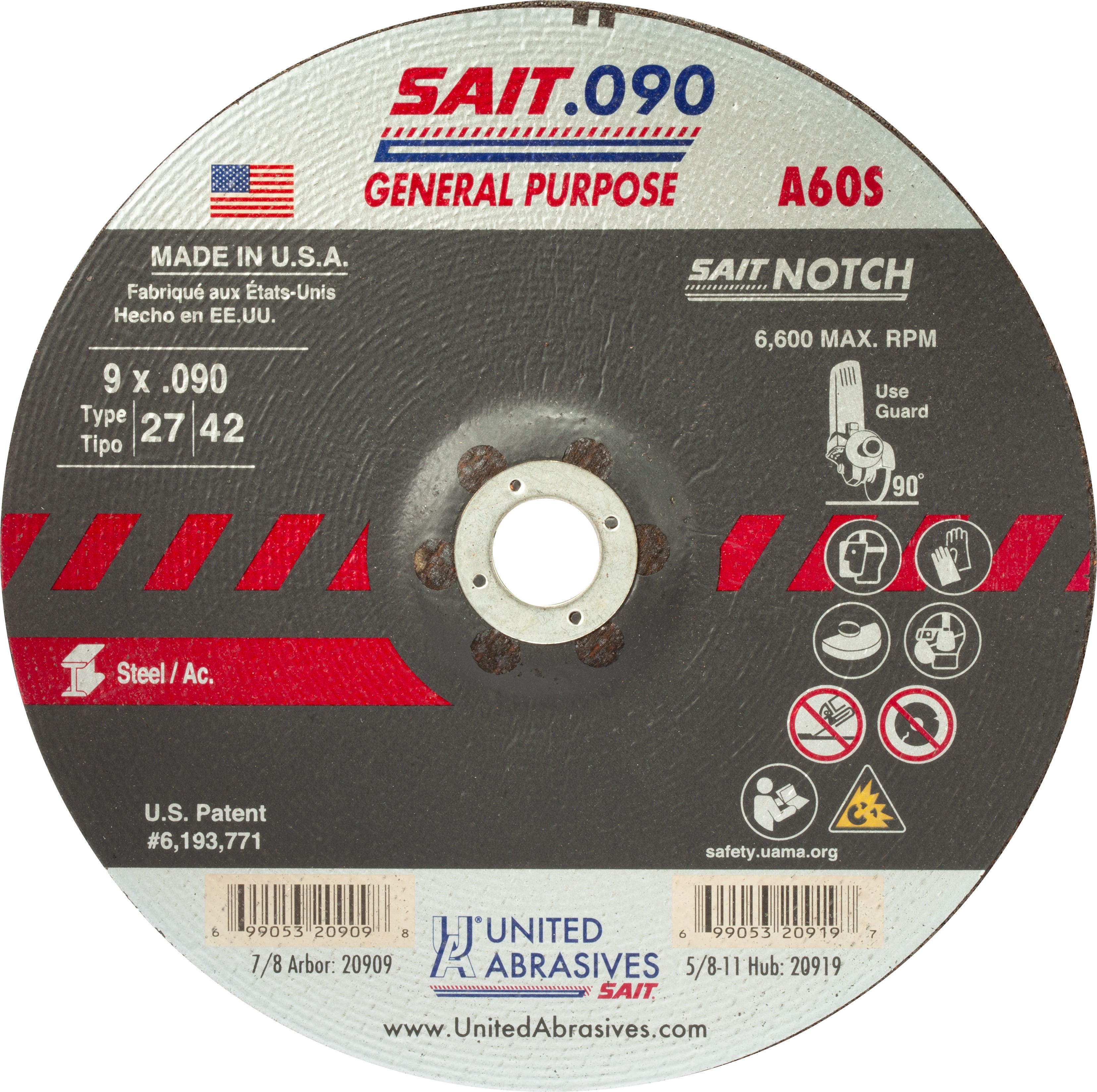 9" x .090" x 7/8" A60S - General Purpose Depressed Center Cutting Wheels, Type 27, 6,600 Max RPM, United Abrasives 20909