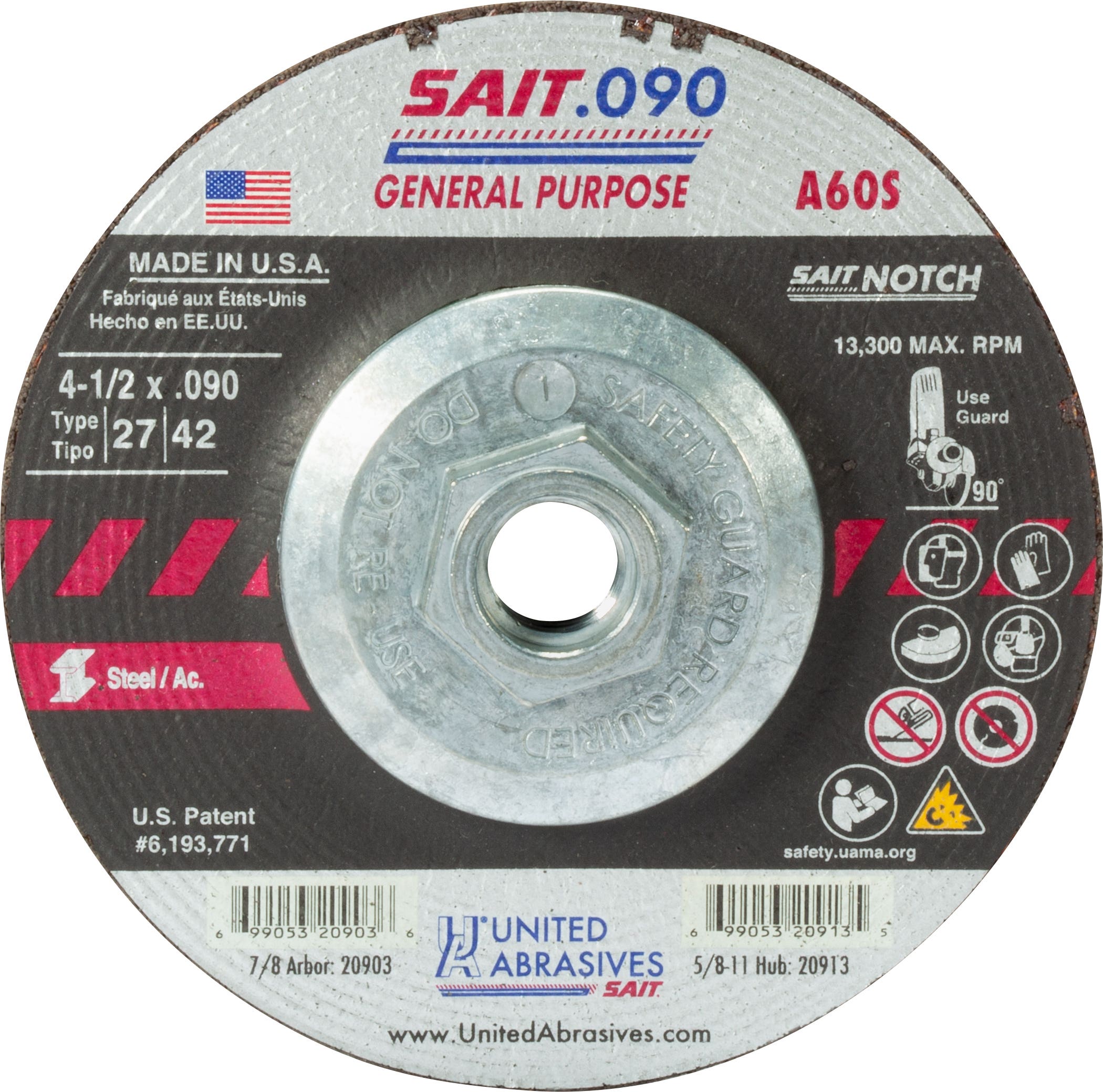 4-1/2" x .090" x 5/8"-11 A60S - General Purpose Depressed Center Cutting Wheels, Type 27, 13,300 Max RPM, United Abrasives 20913