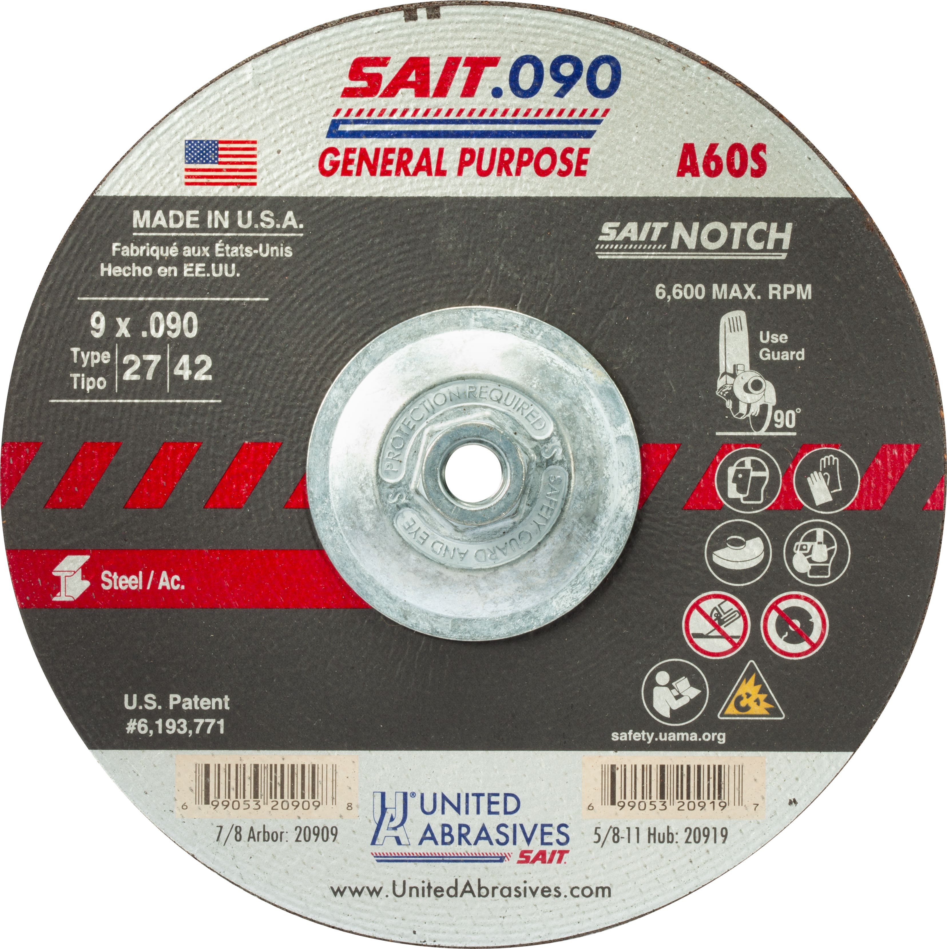 9" x .090" x 5/8"-11 A60S - General Purpose Depressed Center Cutting Wheels, Type 27, 6,600 Max RPM, United Abrasives 20919