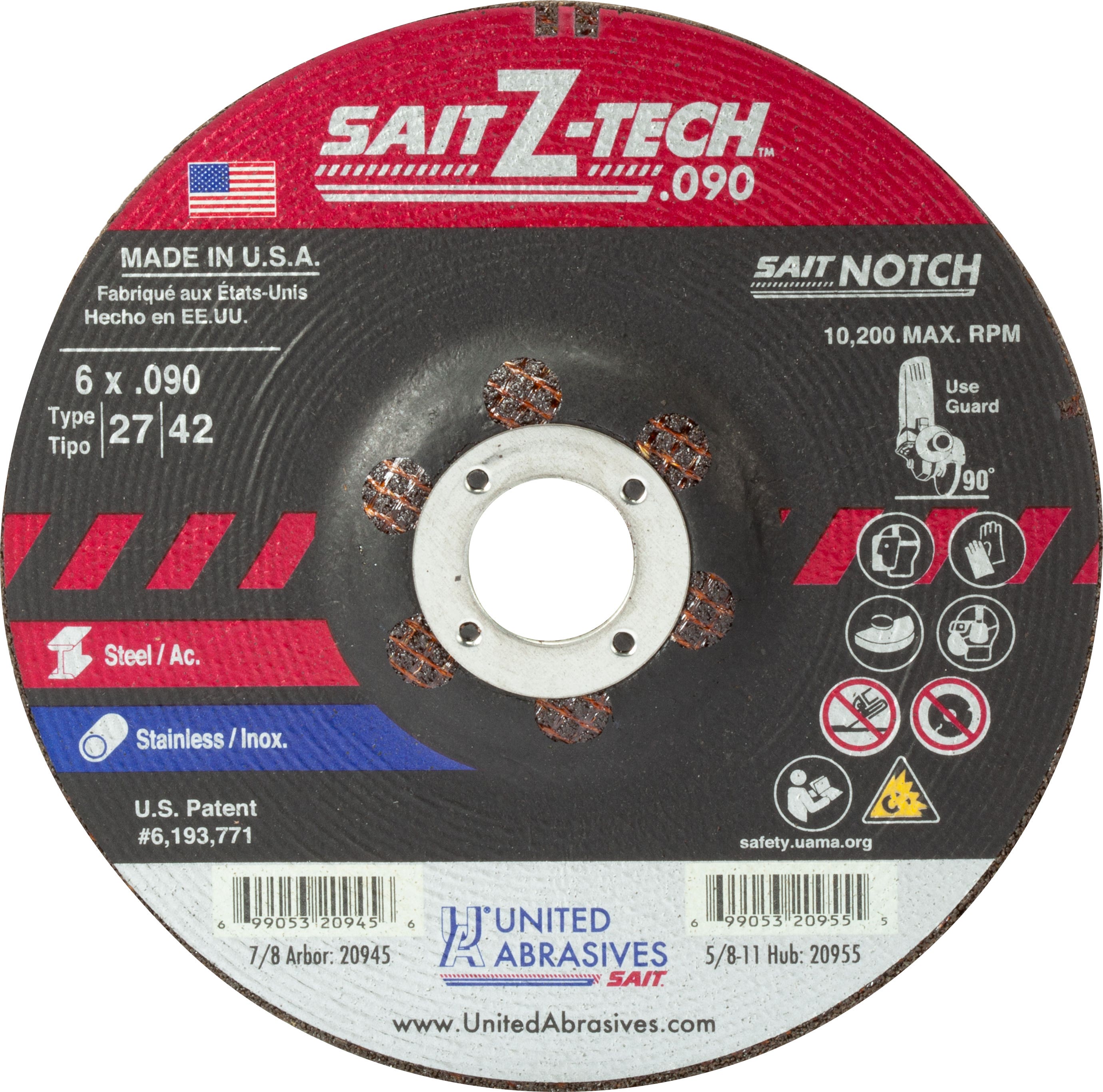 6" x .090" x 7/8" Z-Tech High Performance Depressed Center Cutting Wheels, Type 27, 10,200 Max RPM, United Abrasives 20945