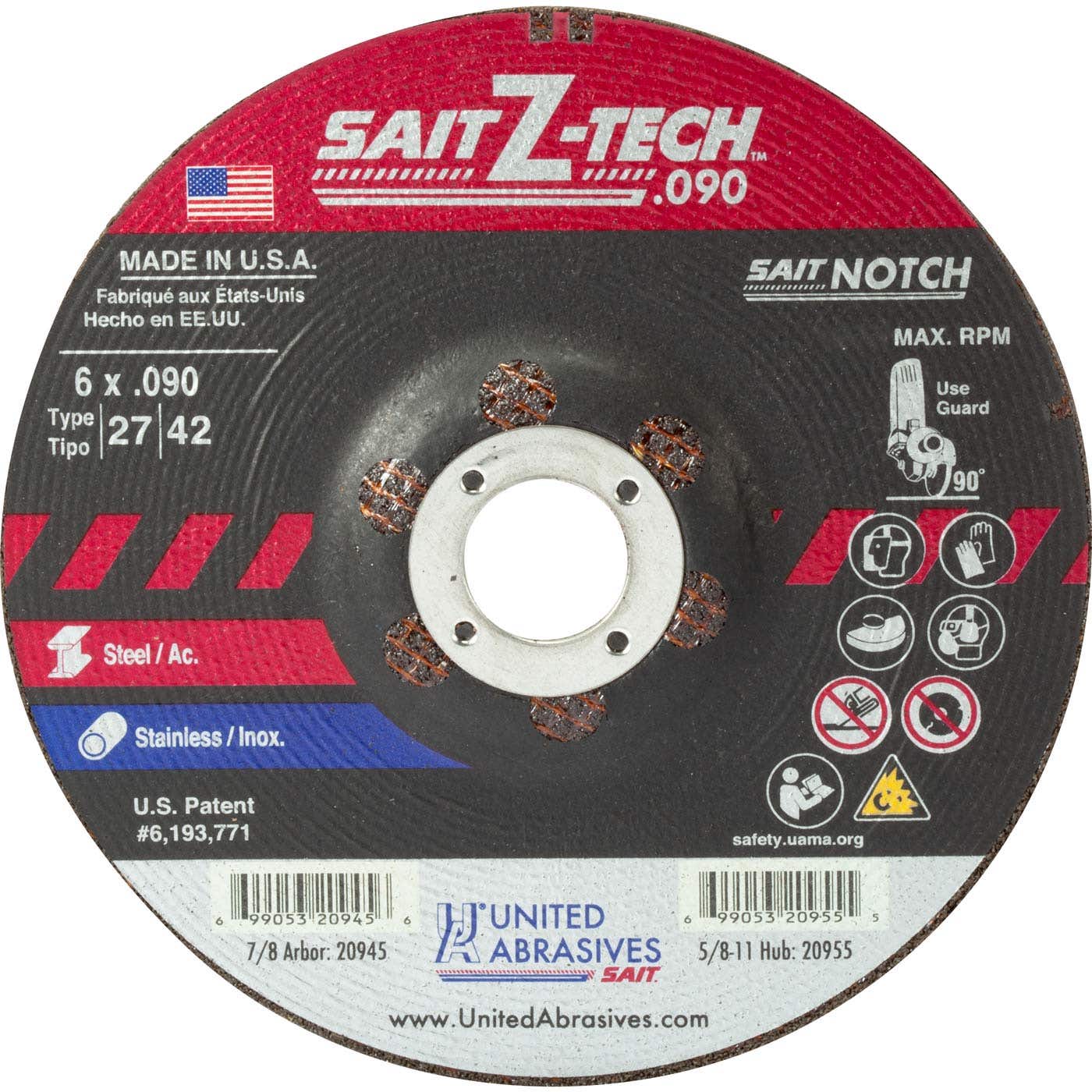 5" x .090" x 7/8" Z-Tech High Performance Depressed Center Cutting Wheels, Type 27, 12,200 Max RPM, United Abrasives 20944