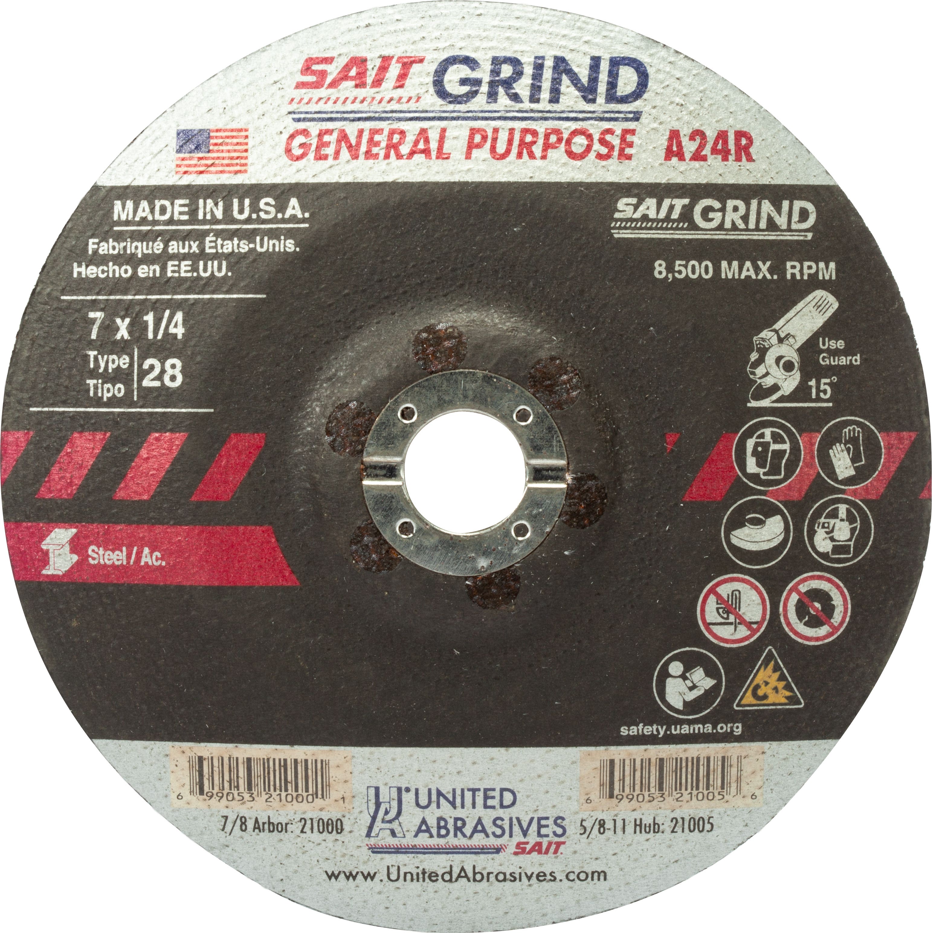 7" x 1/4" x 7/8" A24R - Long Life Depressed Center Grinding Wheels, Type 28, 8,500 Max RPM, United Abrasives 21000