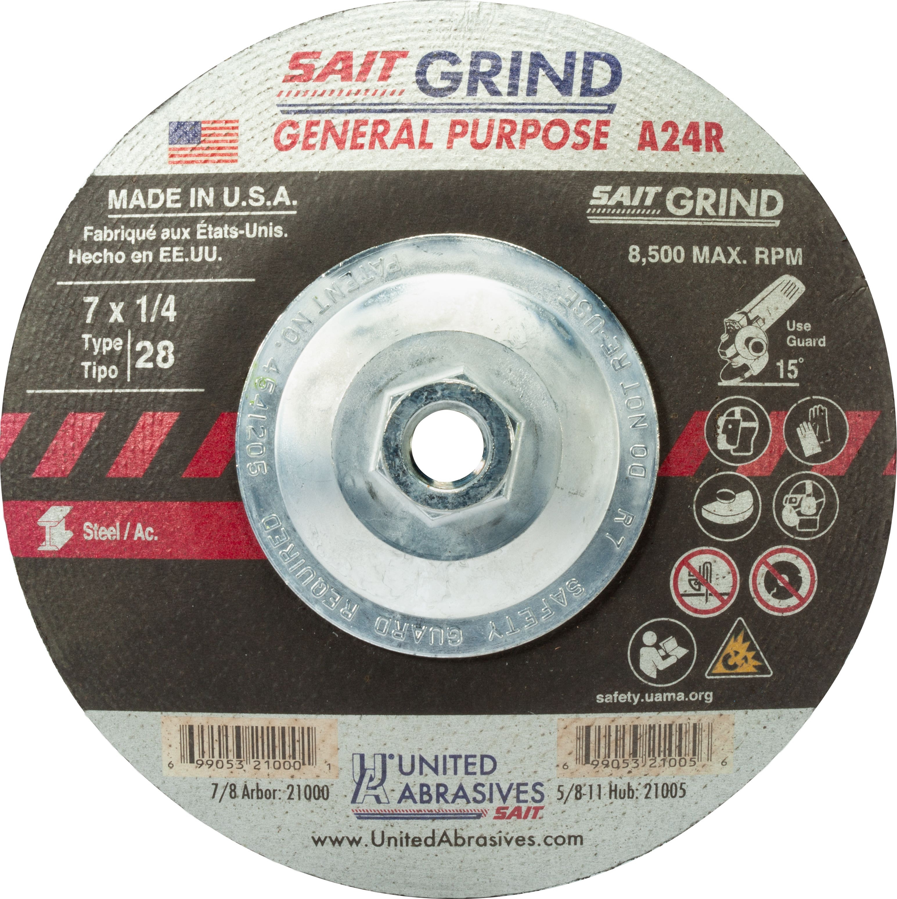 7" x 1/4" x 5/8"-11 A24R - Long Life Depressed Center Grinding Wheels, Type 28, 8,500 Max RPM, United Abrasives 21005