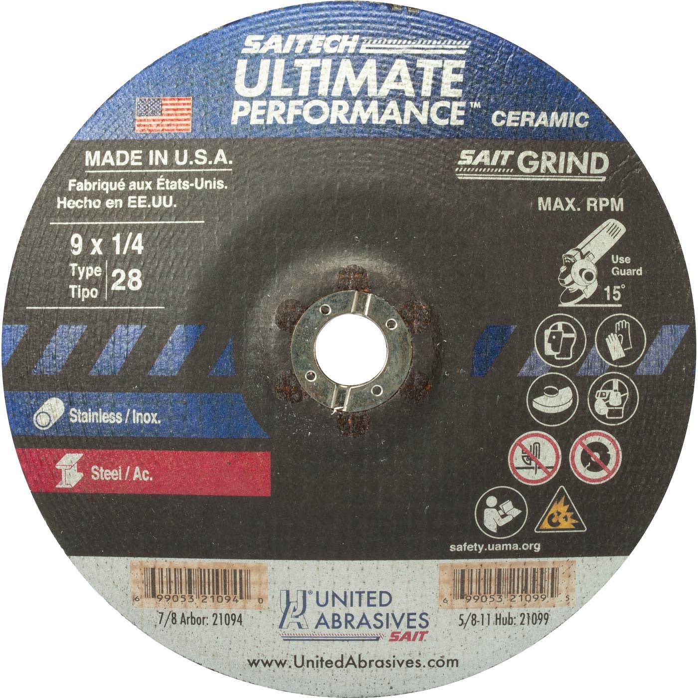 7" x 1/4" x 7/8" Saitech Ultimate Performance Depressed Center Grinding Wheels, Type 28, 8,500 Max RPM, United Abrasives 21084