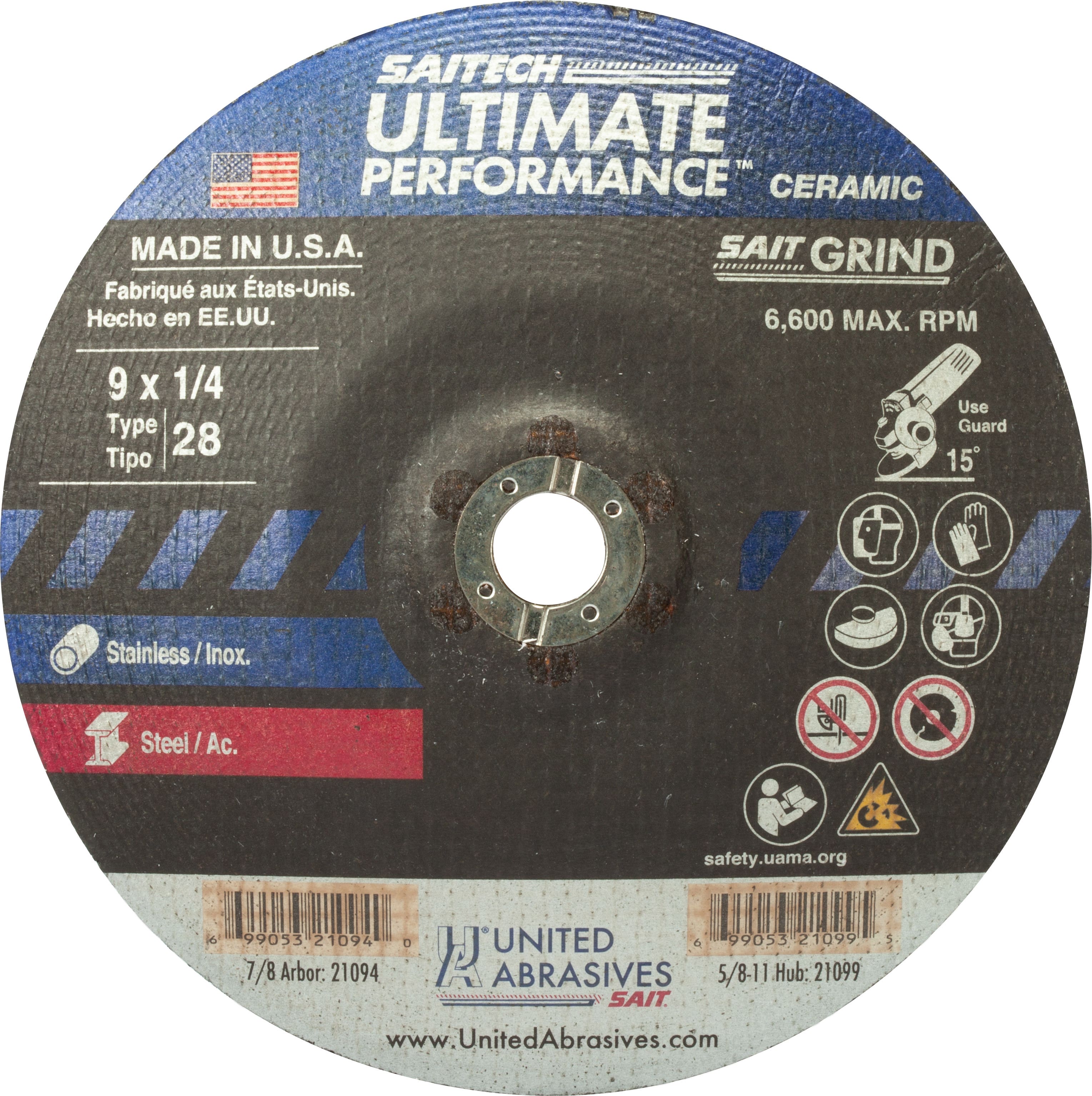 9" x 1/4" x 7/8" Saitech Ultimate Performance Depressed Center Grinding Wheels, Type 28, 6,600 Max RPM, United Abrasives 21094