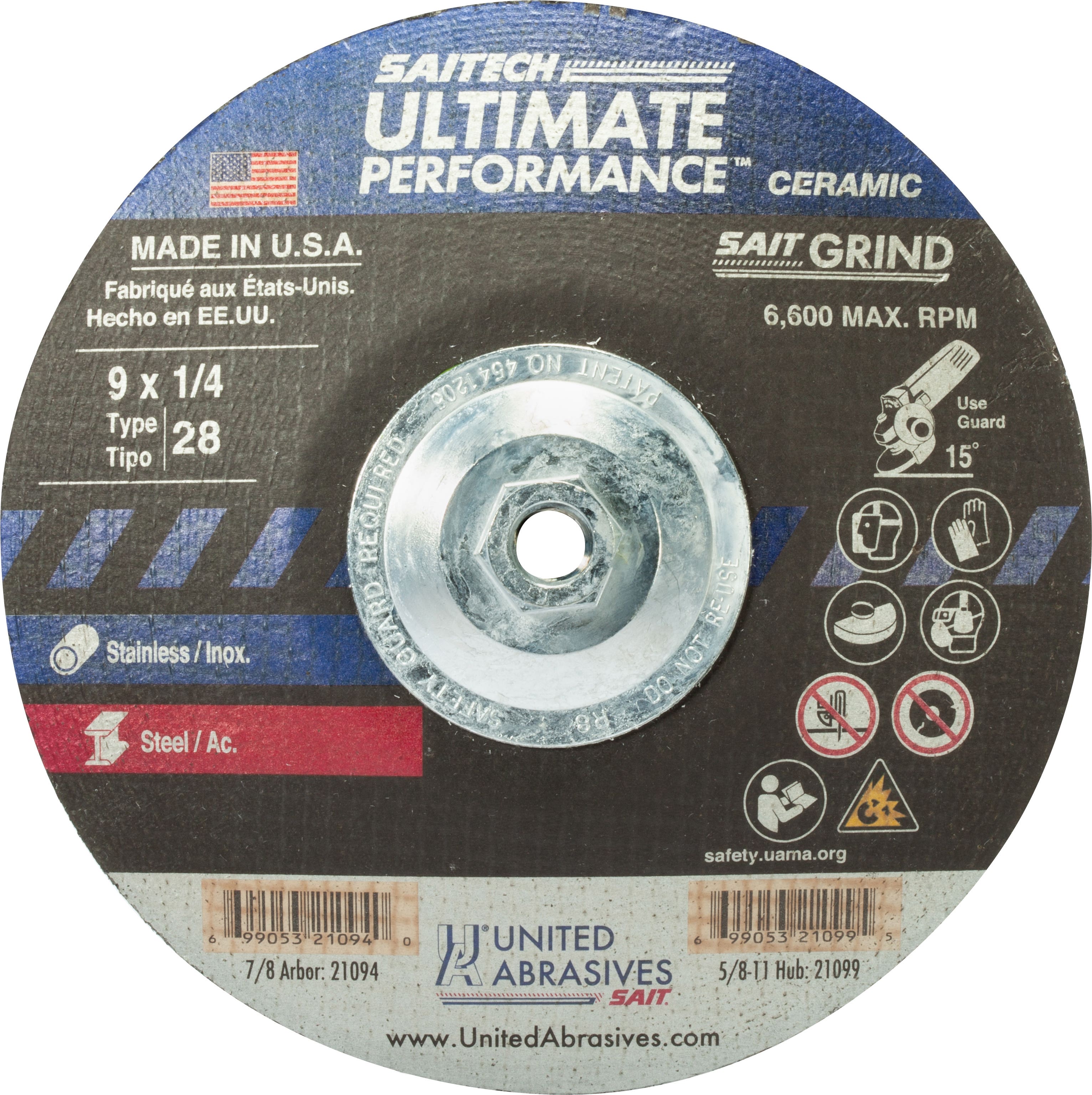 7" x 1/4" x 5/8"-11 Saitech Ultimate Performance Depressed Center Grinding Wheels, Type 28, 8,500 Max RPM, United Abrasives 21089
