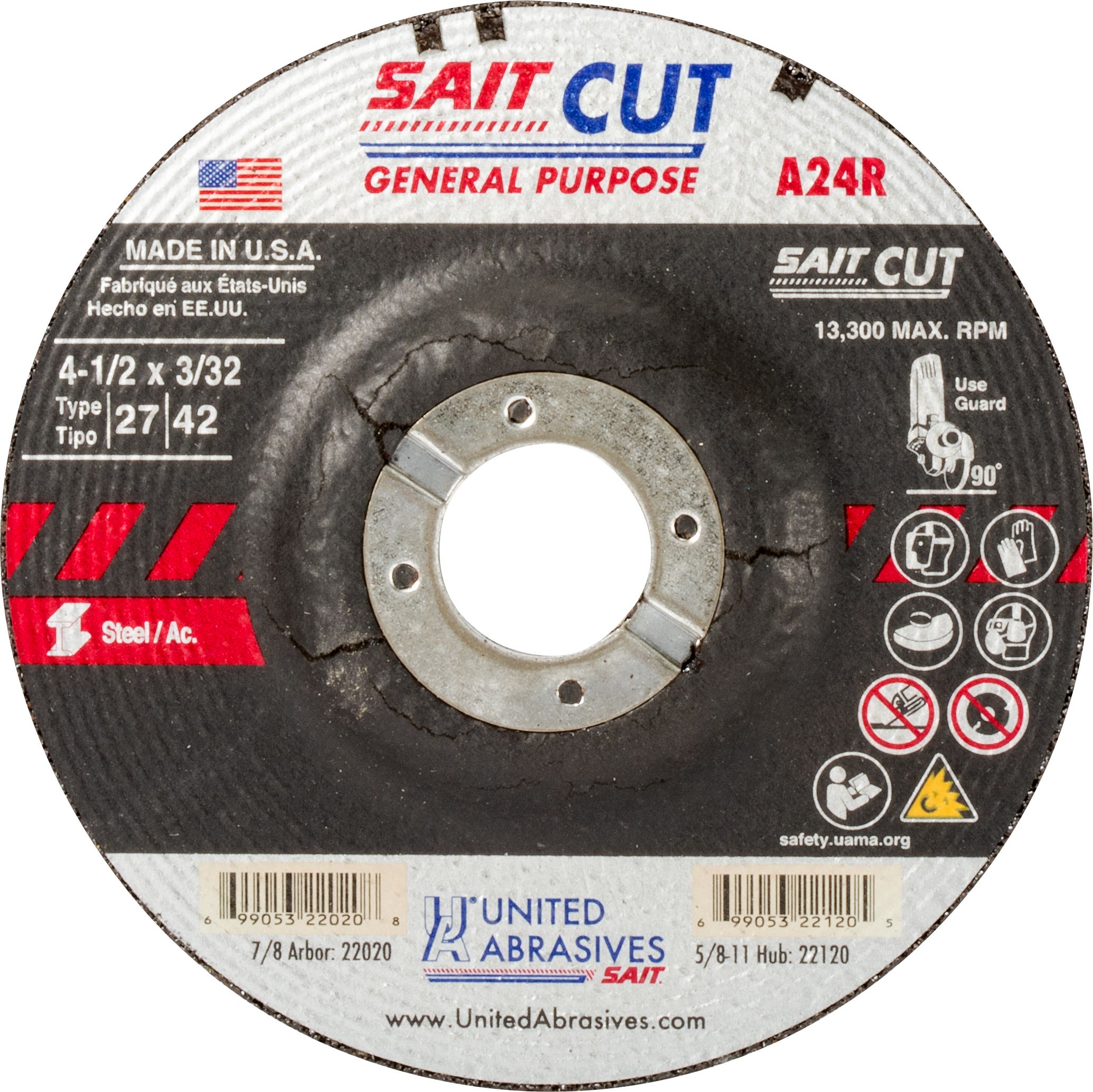 4-1/2" x 3/32" x 7/8" A24R - General Purpose Specialty Cutting Wheels, Type 27, 13,300 RPM, United Abrasives 22020