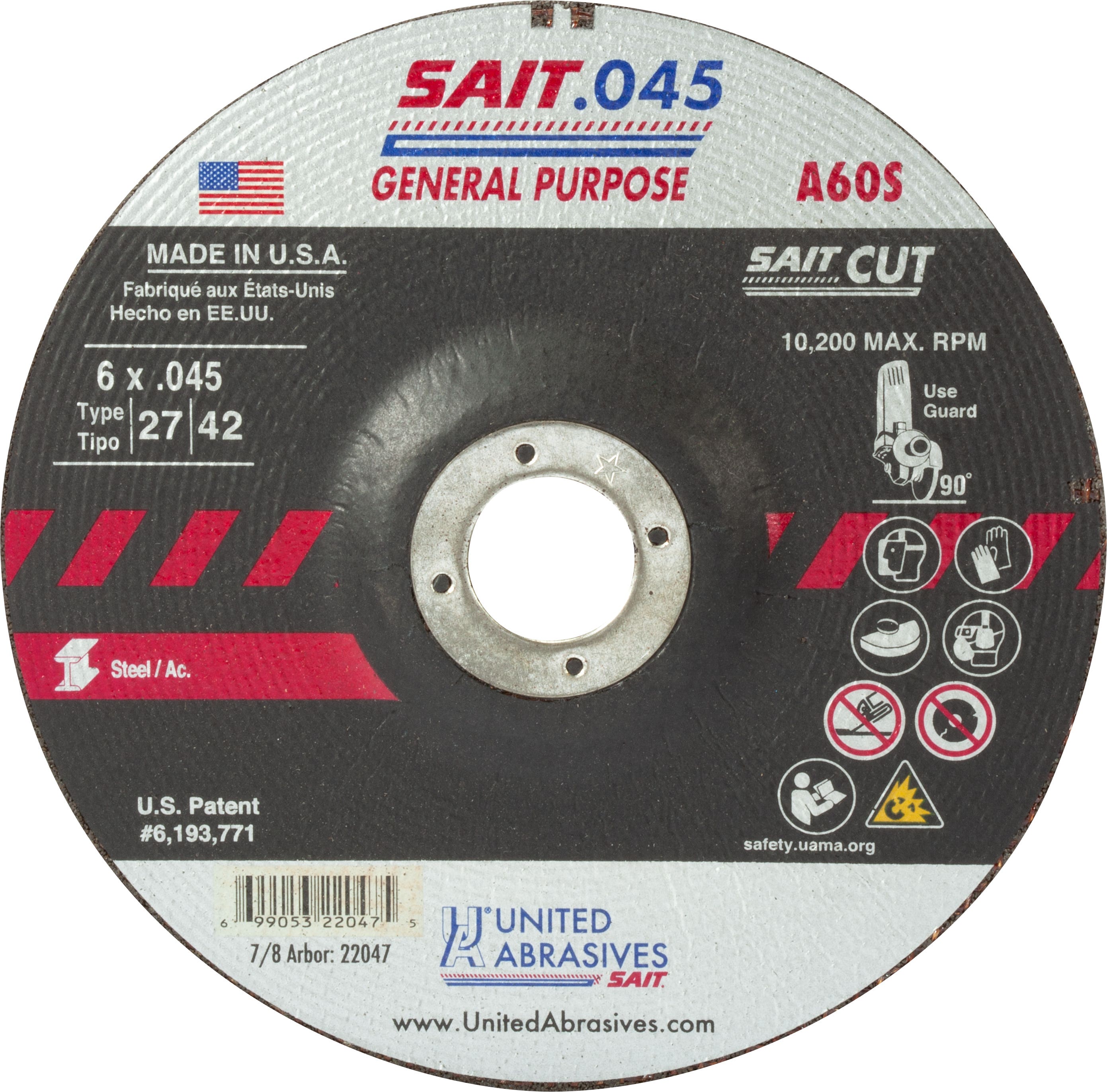 6" x .045" x 7/8" A60S - General Purpose Depressed Center Cutting Wheels, Type 27, 10,200 Max RPM, United Abrasives 22047
