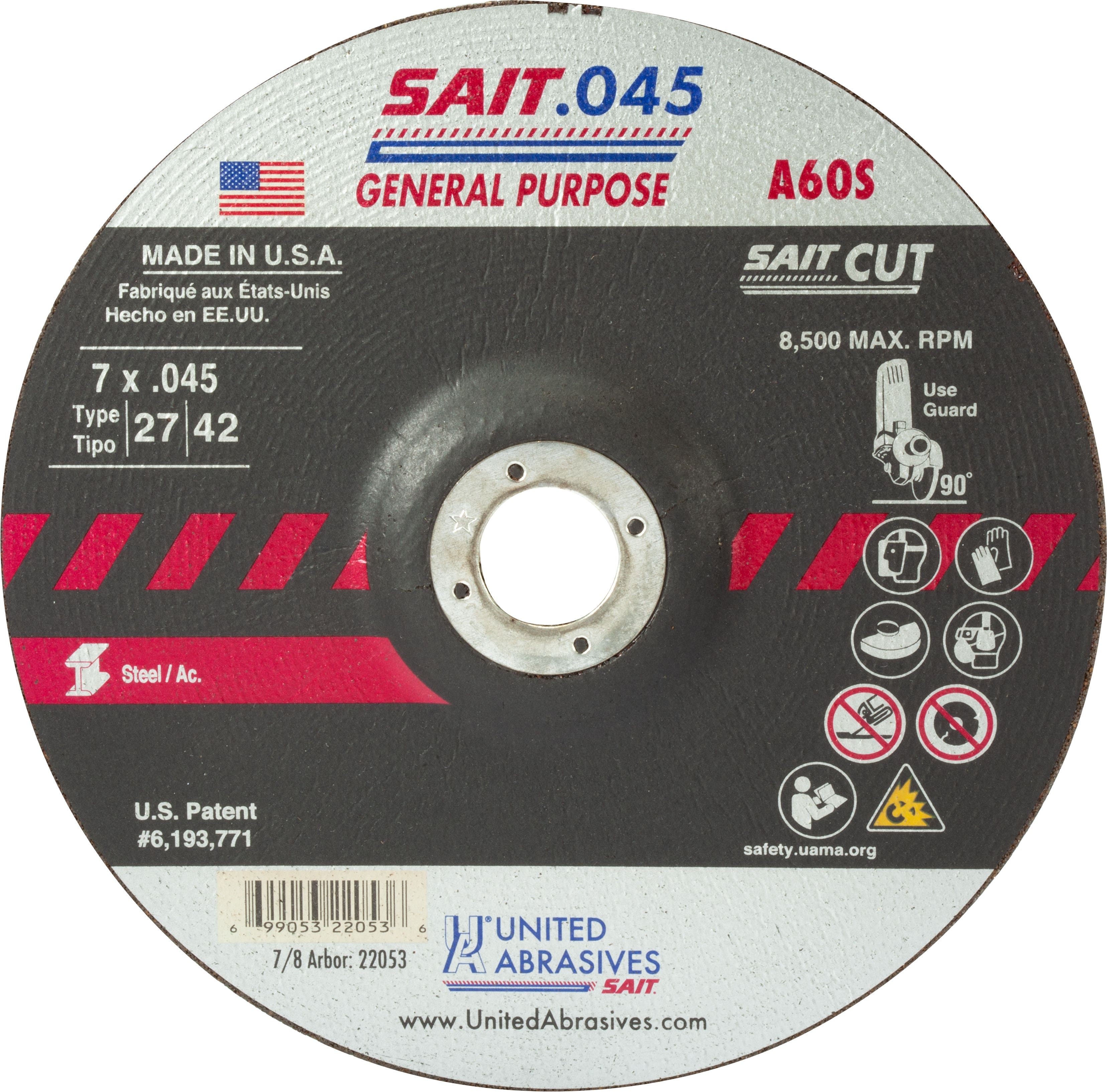 7" x .045" x 7/8" A60S General Purpose Depressed Center Cutting Wheels, Type 27, United Abrasives 22053