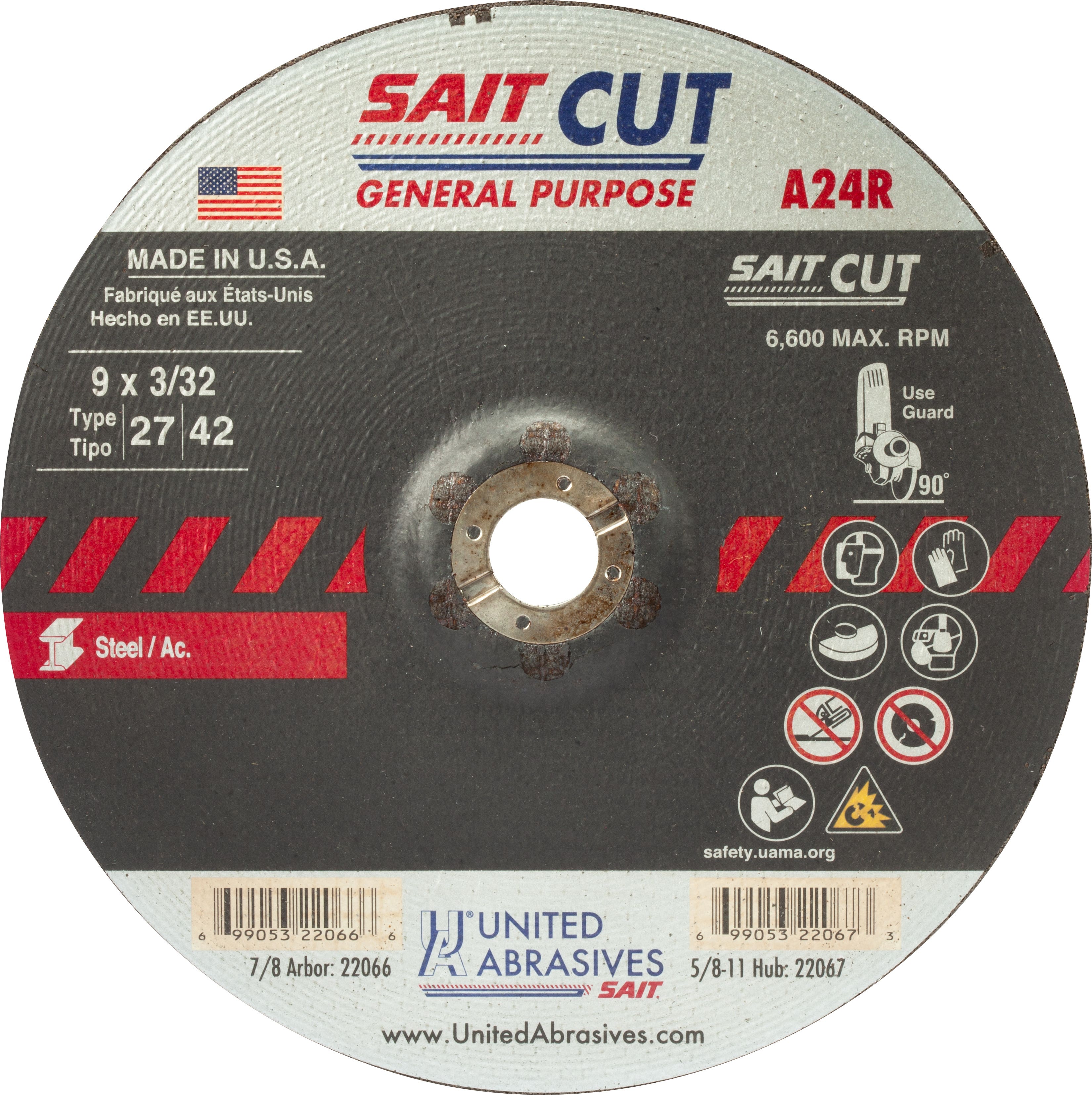 9" x 3/32" x 7/8" A24R - General Purpose Specialty Cutting Wheels, Type 27, 6,600 Max RPM, United Abrasives 22066