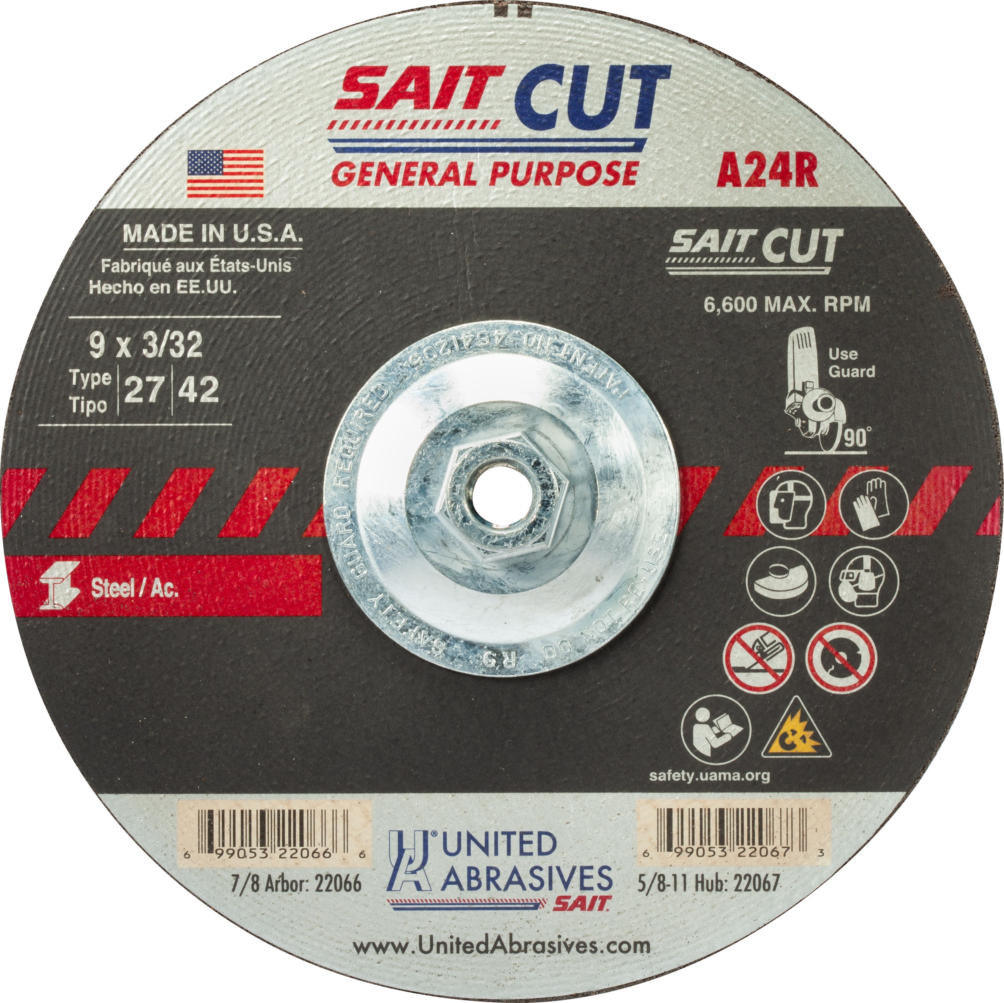 9" x 3/32" x 5/8"-11 A24R - General Purpose Specialty Cutting Wheels, Type 27, 6,600 Max RPM, United Abrasives 22067