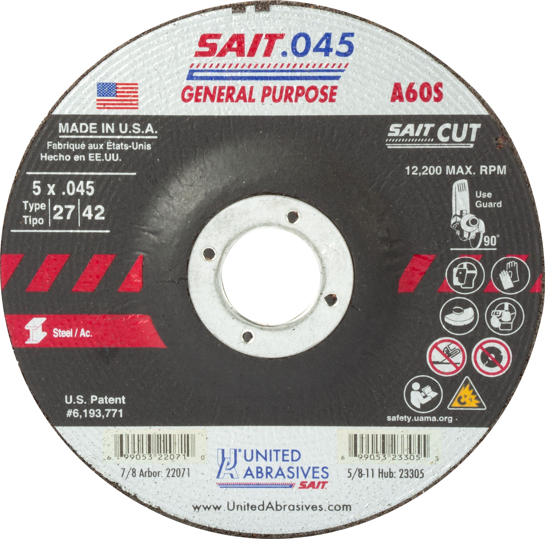 5" x .045" x 7/8" A60S General Purpose Depressed Center Cutting Wheels, Type 27, United Abrasives 22071
