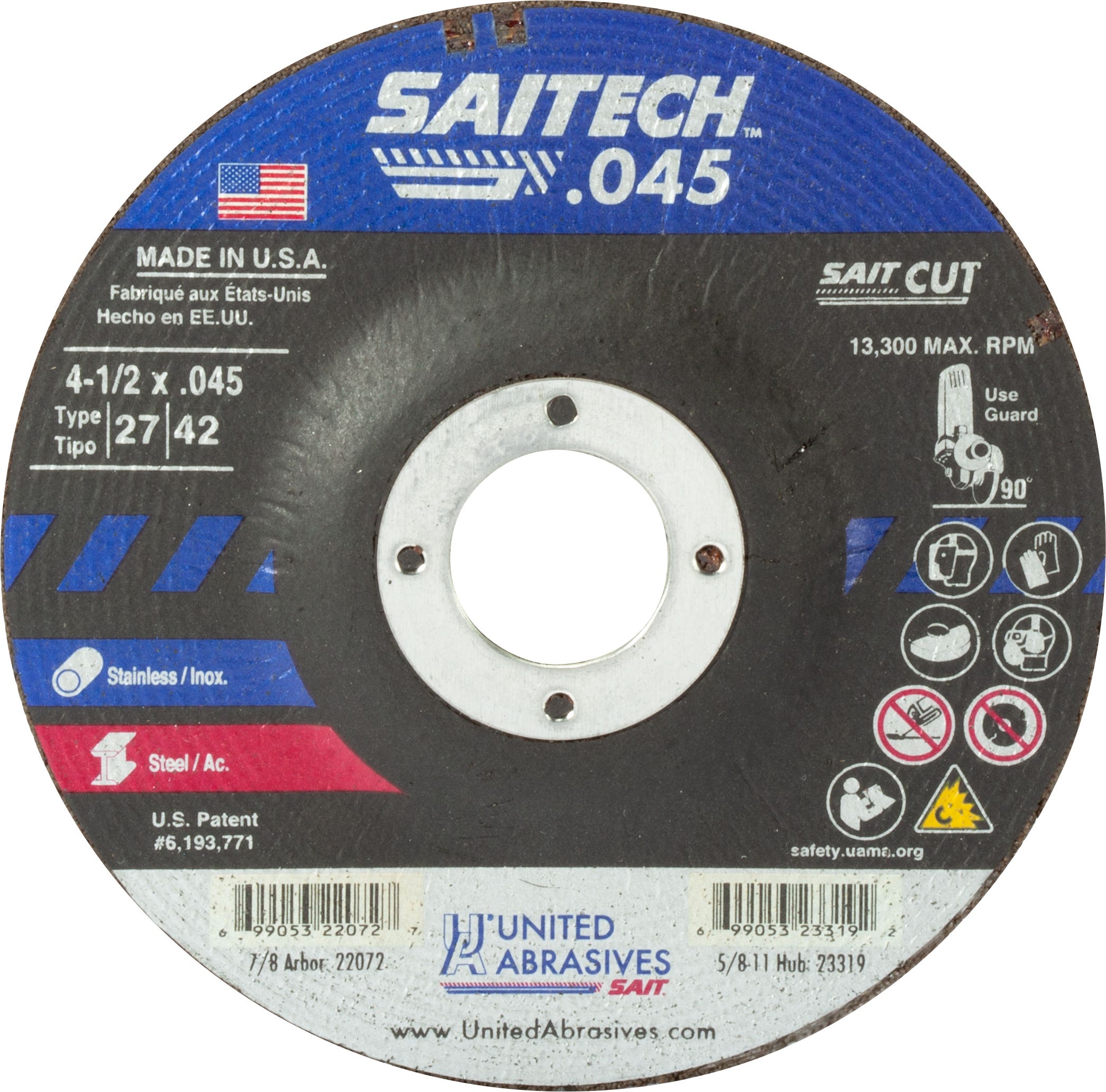 4-1/2" x .045" x 7/8" Saitech High Performance Cutting Wheels, Type 27, United Abrasives 22072