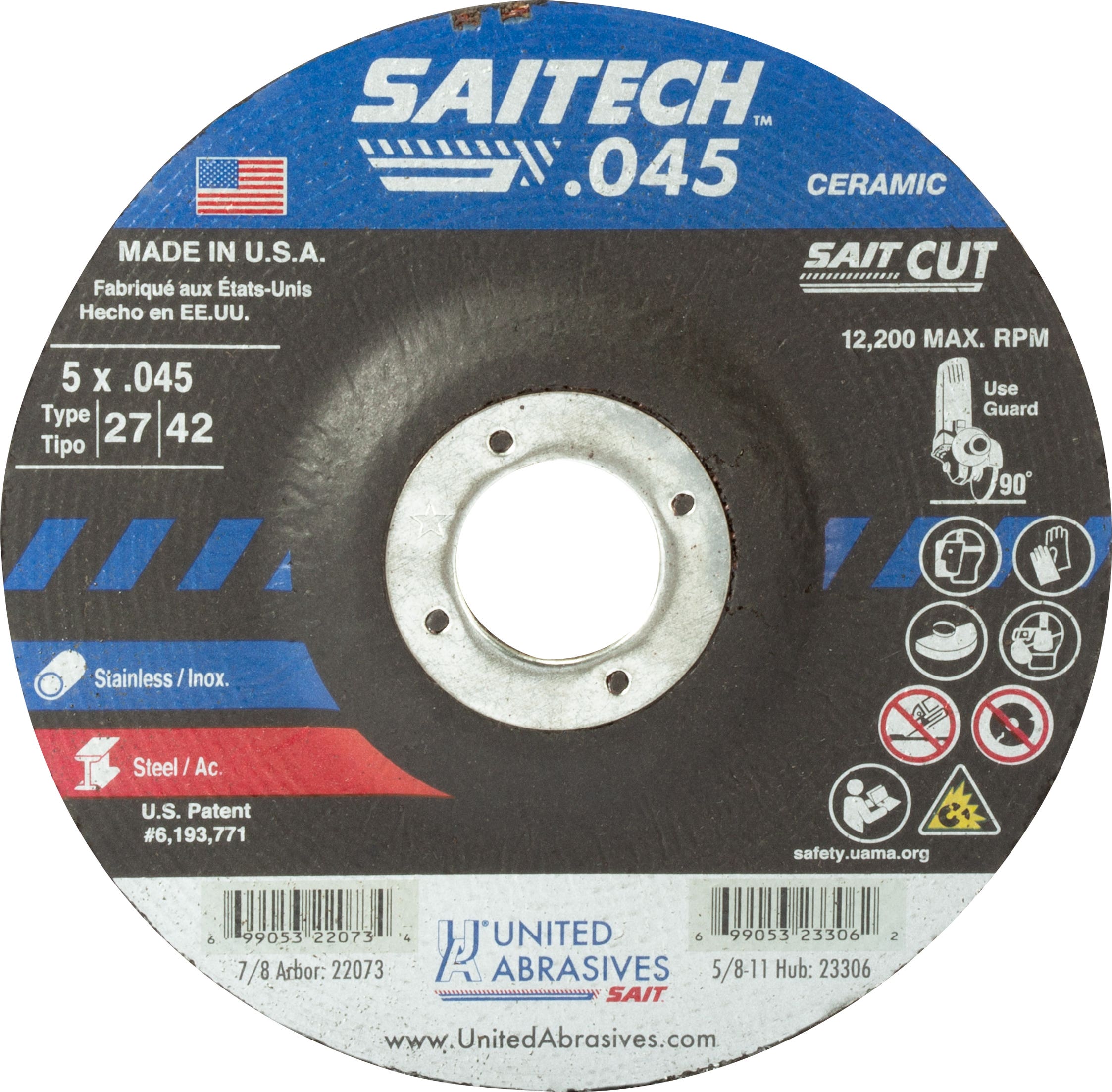 5" x .045" x 7/8" Saitech High Performance Cutting Wheels, Type 27, United Abrasives 22073